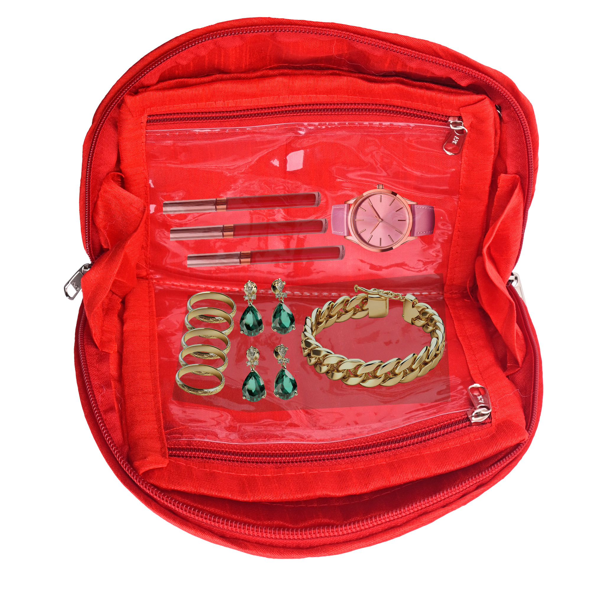 Kuber Industries Cotton Jewellery Kit with 4 Transparent Pouches  Foldable Jewellery Organisers Bag for Necklaces Rings Earrings  Bracelets  Jama D Print - Red