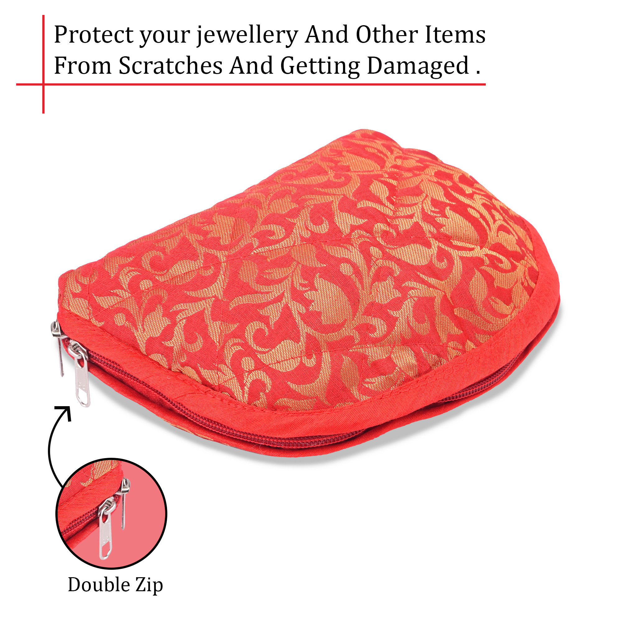 Kuber Industries Cotton Jewellery Kit with 4 Transparent Pouches  Foldable Jewellery Organisers Bag for Necklaces Rings Earrings  Bracelets  Jama D Print - Red