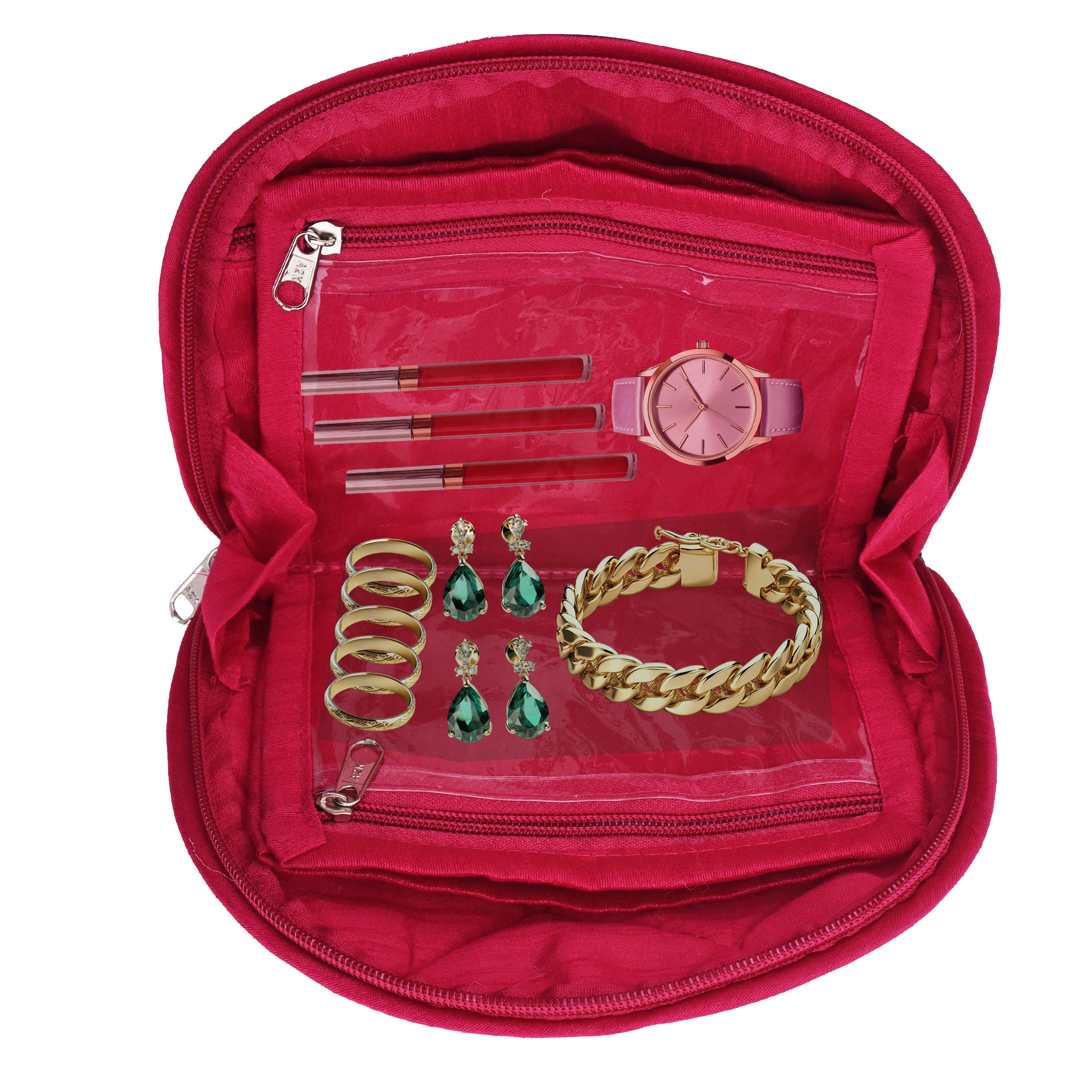 Kuber Industries Cotton Jewellery Kit with 4 Transparent Pouches  Foldable Jewellery Organisers Bag for Necklaces Rings Earrings  Bracelets  Jama D Print - Pink