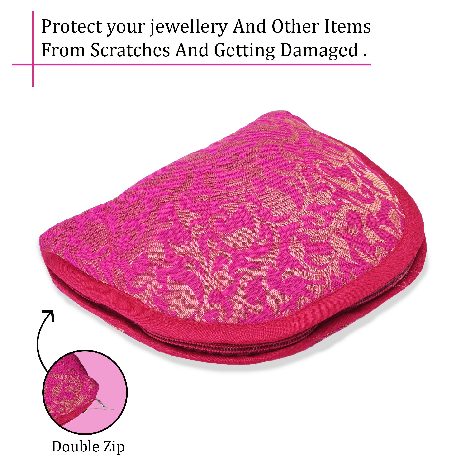 Kuber Industries Cotton Jewellery Kit with 4 Transparent Pouches  Foldable Jewellery Organisers Bag for Necklaces Rings Earrings  Bracelets  Jama D Print - Pink