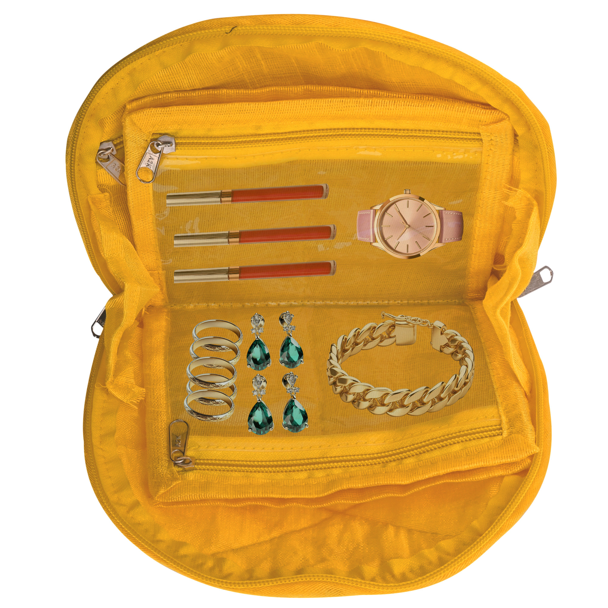 Kuber Industries Cotton Jewellery Kit with 4 Transparent Pouches  Foldable Jewellery Organisers Bag for Necklaces Rings Earrings  Bracelets  Jama D Print - Yellow