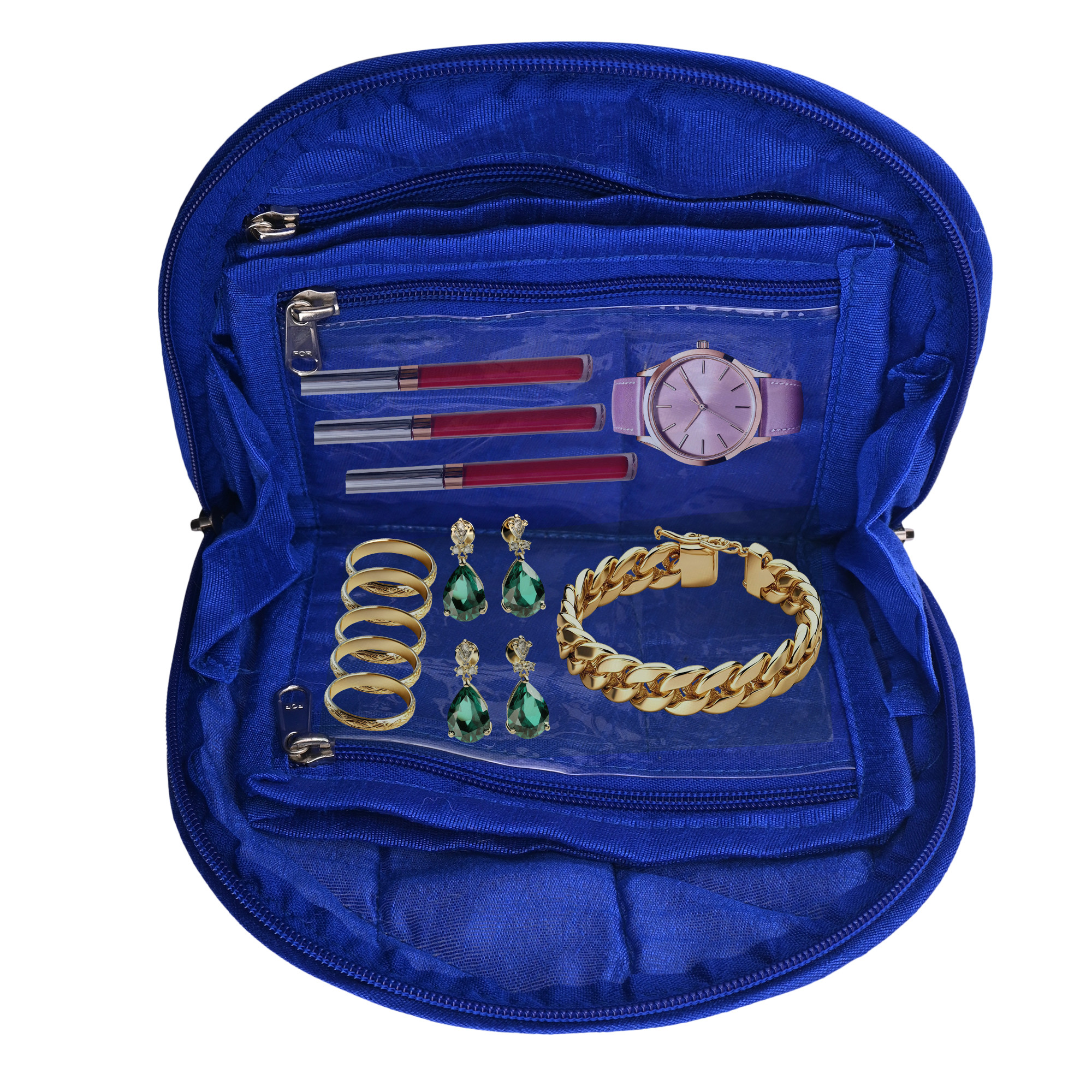 Kuber Industries Cotton Jewellery Kit with 4 Transparent Pouches  Foldable Jewellery Organisers Bag for Necklaces Rings Earrings  Bracelets  Jama D Print - Blue