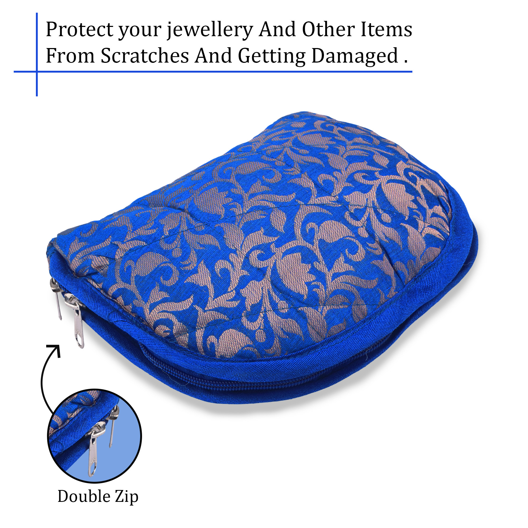 Kuber Industries Cotton Jewellery Kit with 4 Transparent Pouches  Foldable Jewellery Organisers Bag for Necklaces Rings Earrings  Bracelets  Jama D Print - Blue