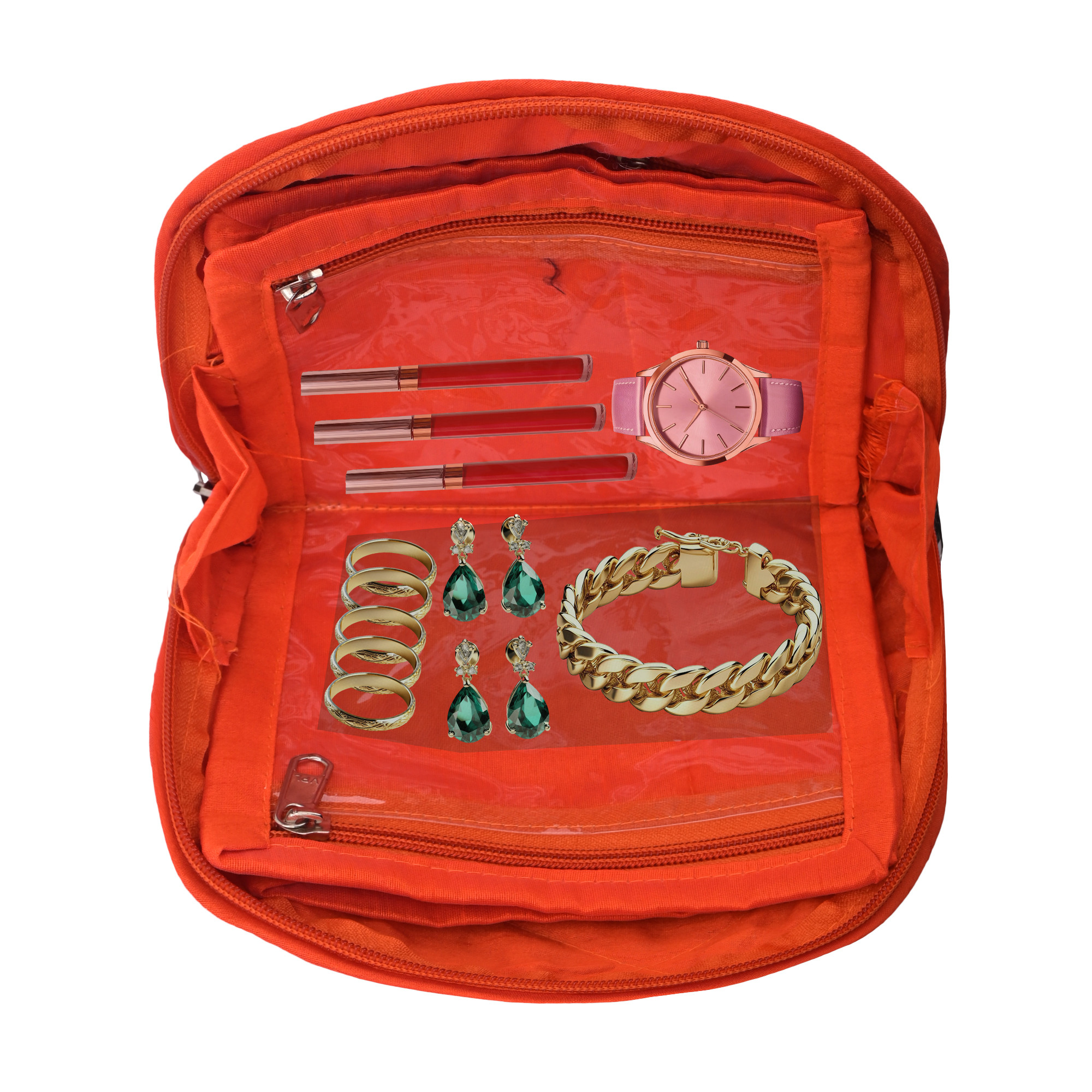 Kuber Industries Cotton Jewellery Kit with 4 Transparent Pouches  Foldable Jewellery Organisers Bag for Necklaces Rings Earrings  Bracelets  Jama D Print - Orange