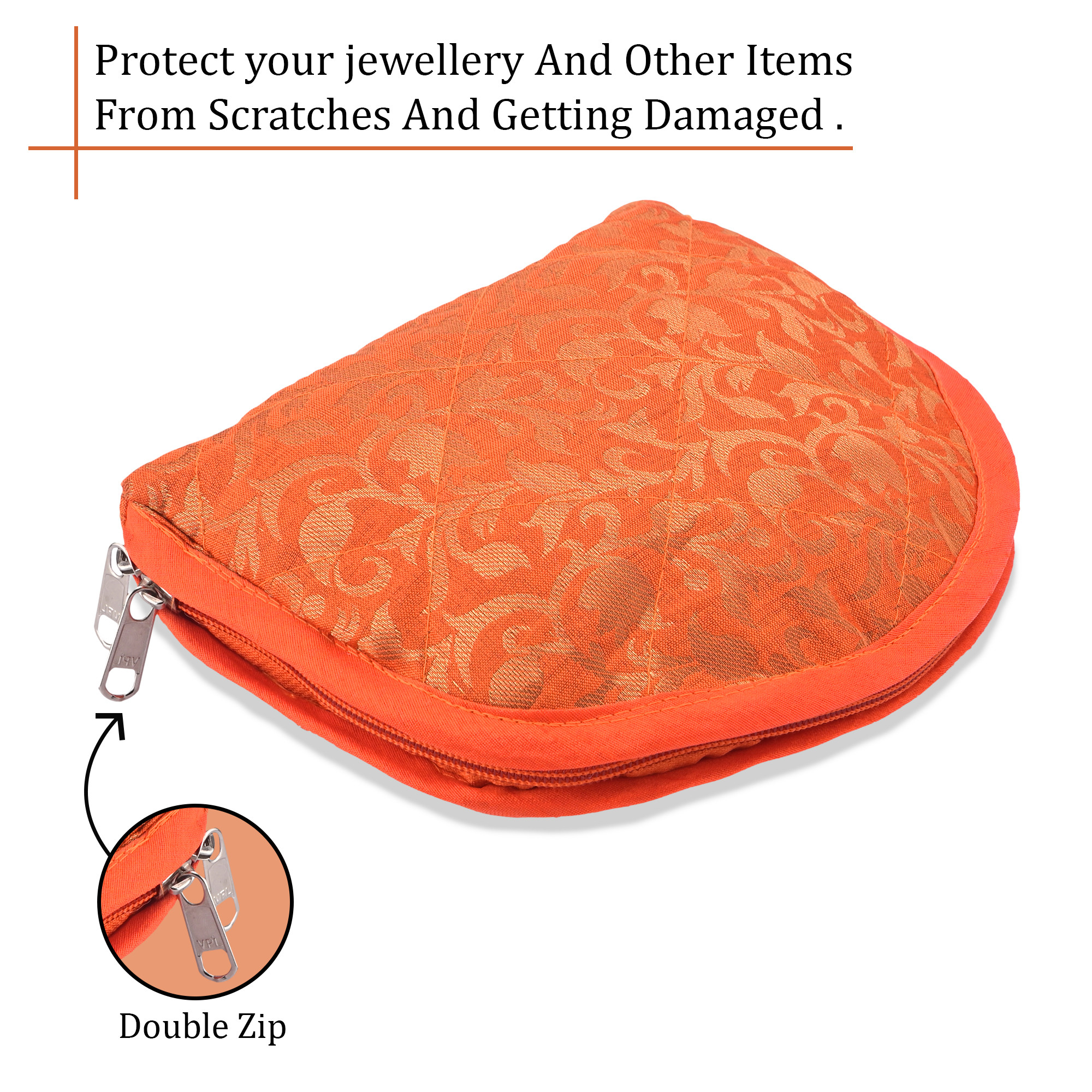 Kuber Industries Cotton Jewellery Kit with 4 Transparent Pouches  Foldable Jewellery Organisers Bag for Necklaces Rings Earrings  Bracelets  Jama D Print - Orange