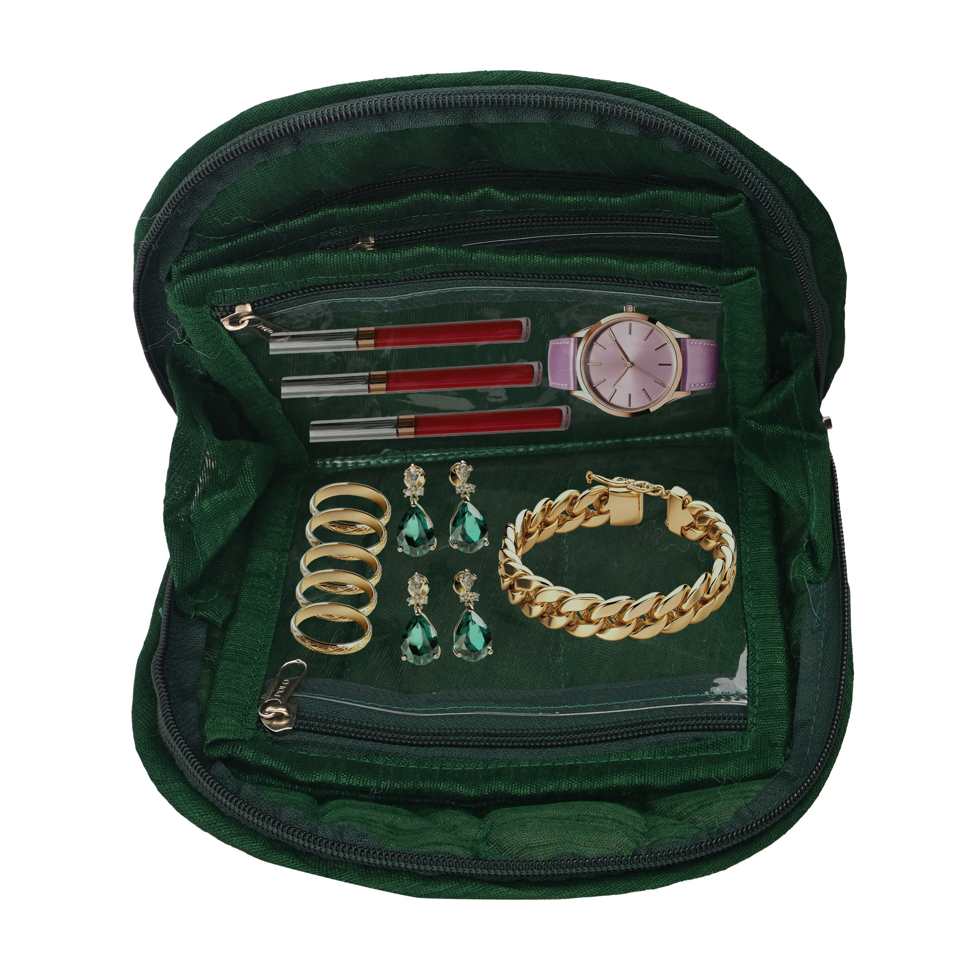 Kuber Industries Cotton Jewellery Kit with 4 Transparent Pouches  Foldable Jewellery Organisers Bag for Necklaces Rings Earrings  Bracelets  Jama D Print - Green