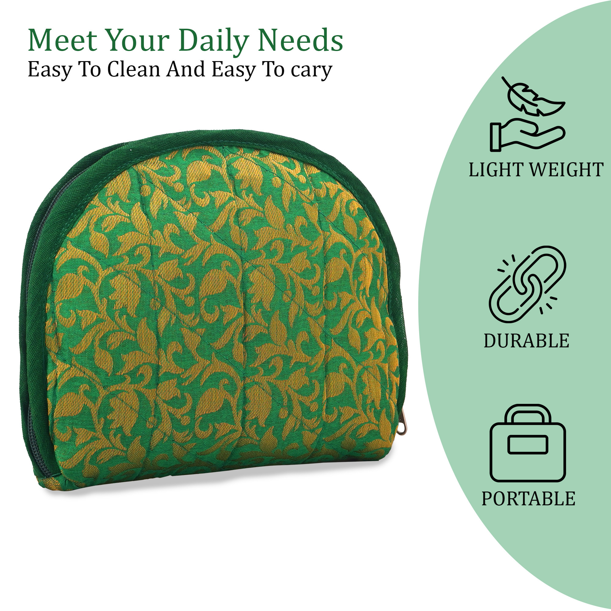 Kuber Industries Cotton Jewellery Kit with 4 Transparent Pouches  Foldable Jewellery Organisers Bag for Necklaces Rings Earrings  Bracelets  Jama D Print - Green