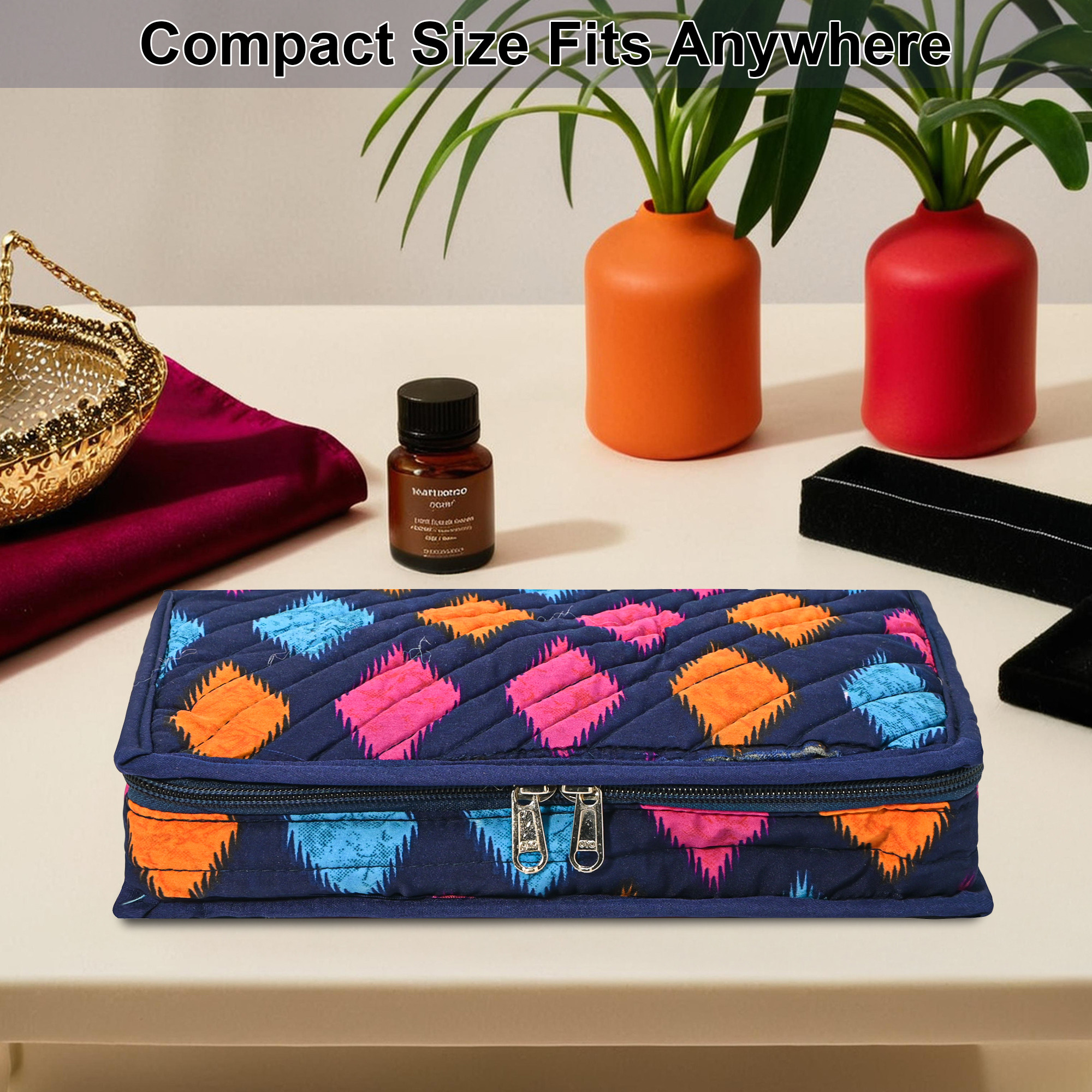 Kuber Industries Cotton Jewellery Organisers Pouch for Women with 6 Compartments  Lightweight  Multipurpose Jewellery Kit for Necklace  Rings  Navazo Print - Blue