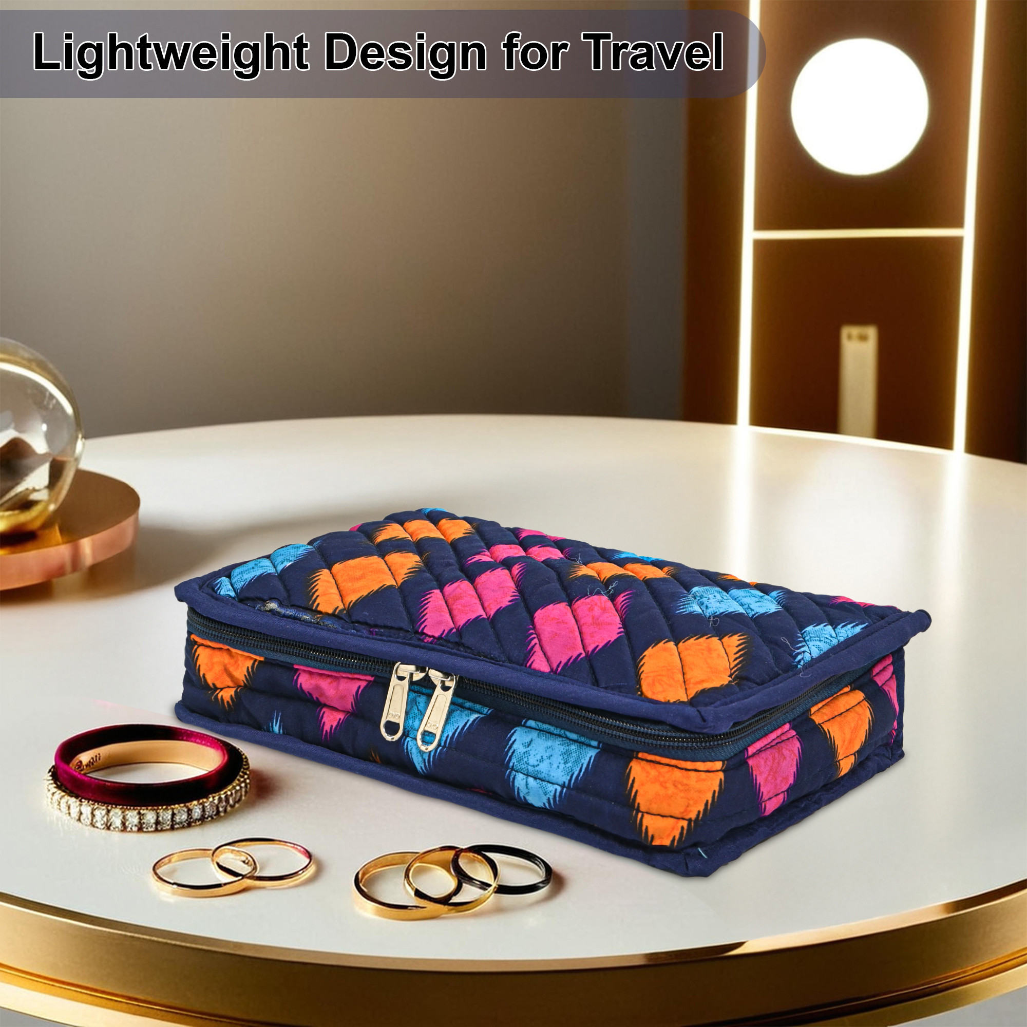 Kuber Industries Cotton Jewellery Organisers Pouch for Women with 6 Compartments  Lightweight  Multipurpose Jewellery Kit for Necklace  Rings  Navazo Print - Blue