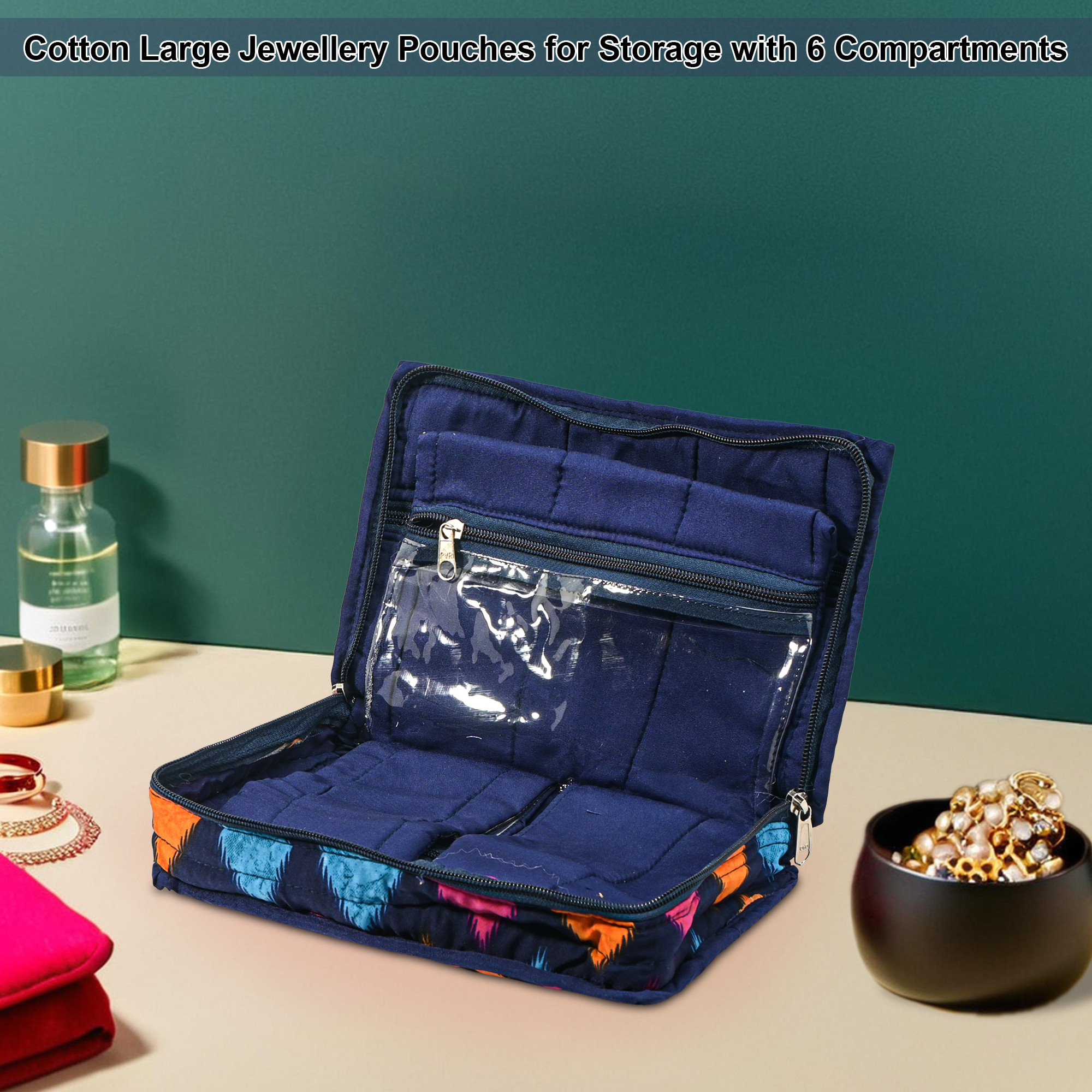 Kuber Industries Cotton Jewellery Organisers Pouch for Women with 6 Compartments  Lightweight  Multipurpose Jewellery Kit for Necklace  Rings  Navazo Print - Blue