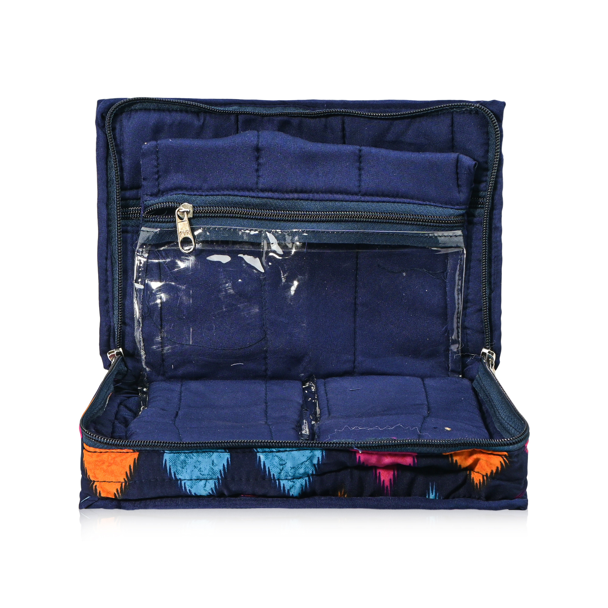 Kuber Industries Cotton Jewellery Organisers Pouch for Women with 6 Compartments  Lightweight  Multipurpose Jewellery Kit for Necklace  Rings  Navazo Print - Blue