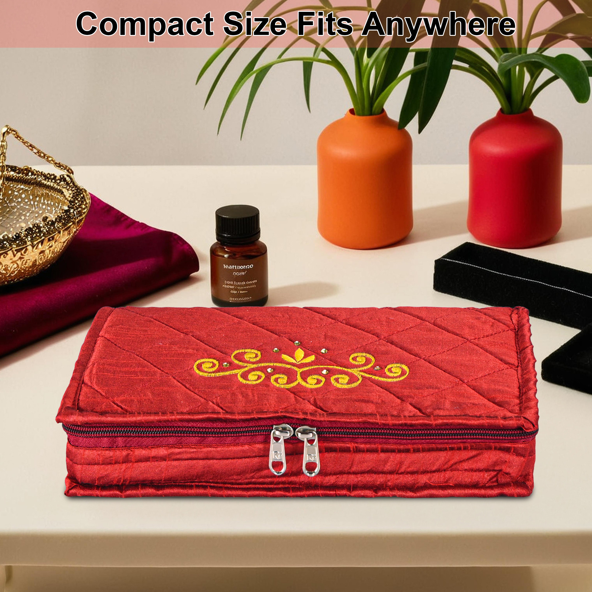 Kuber Industries Cotton Jewellery Organisers Pouch for Women with Multiple Compartments  Compact and Lightweight Jewellery Kit for Necklaces  Rings  Embroidery Design - Red