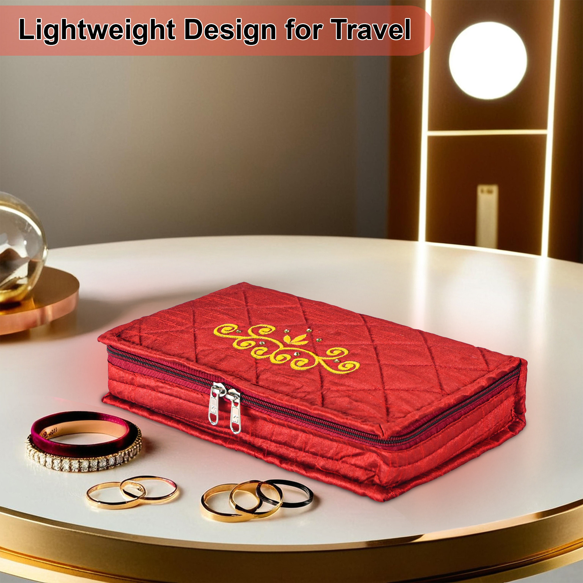 Kuber Industries Cotton Jewellery Organisers Pouch for Women with Multiple Compartments  Compact and Lightweight Jewellery Kit for Necklaces  Rings  Embroidery Design - Red