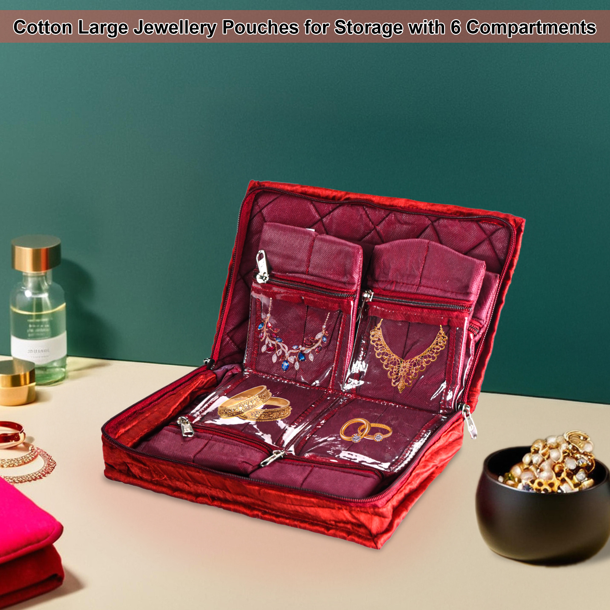 Kuber Industries Cotton Jewellery Organisers Pouch for Women with Multiple Compartments  Compact and Lightweight Jewellery Kit for Necklaces  Rings  Embroidery Design - Red