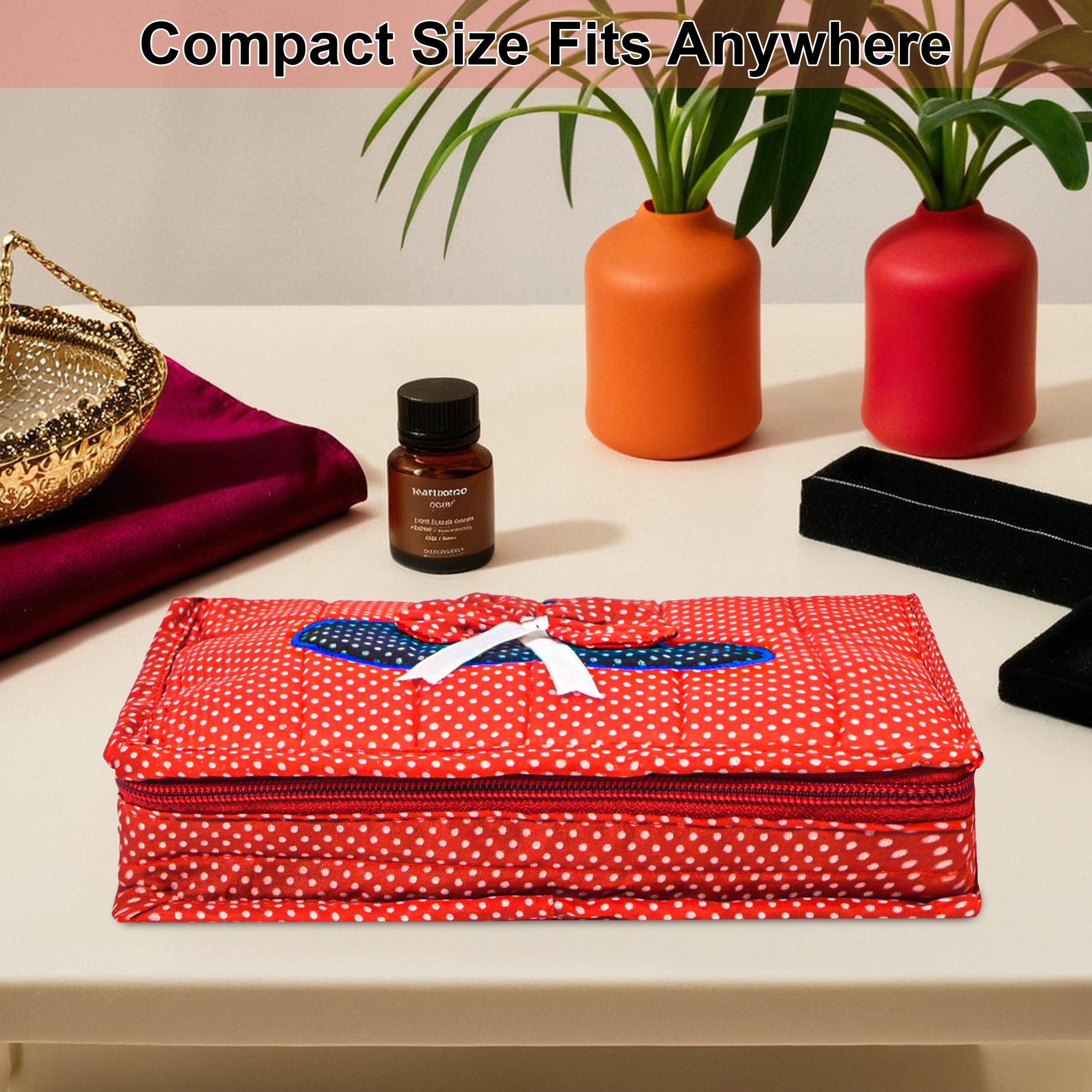 Kuber Industries Cotton Large Jewellery Pouches for Storage with 6 Compartments  Lightweight Jewellery Kit  Bag  Organiser for Women  Bow Dot Print - Red