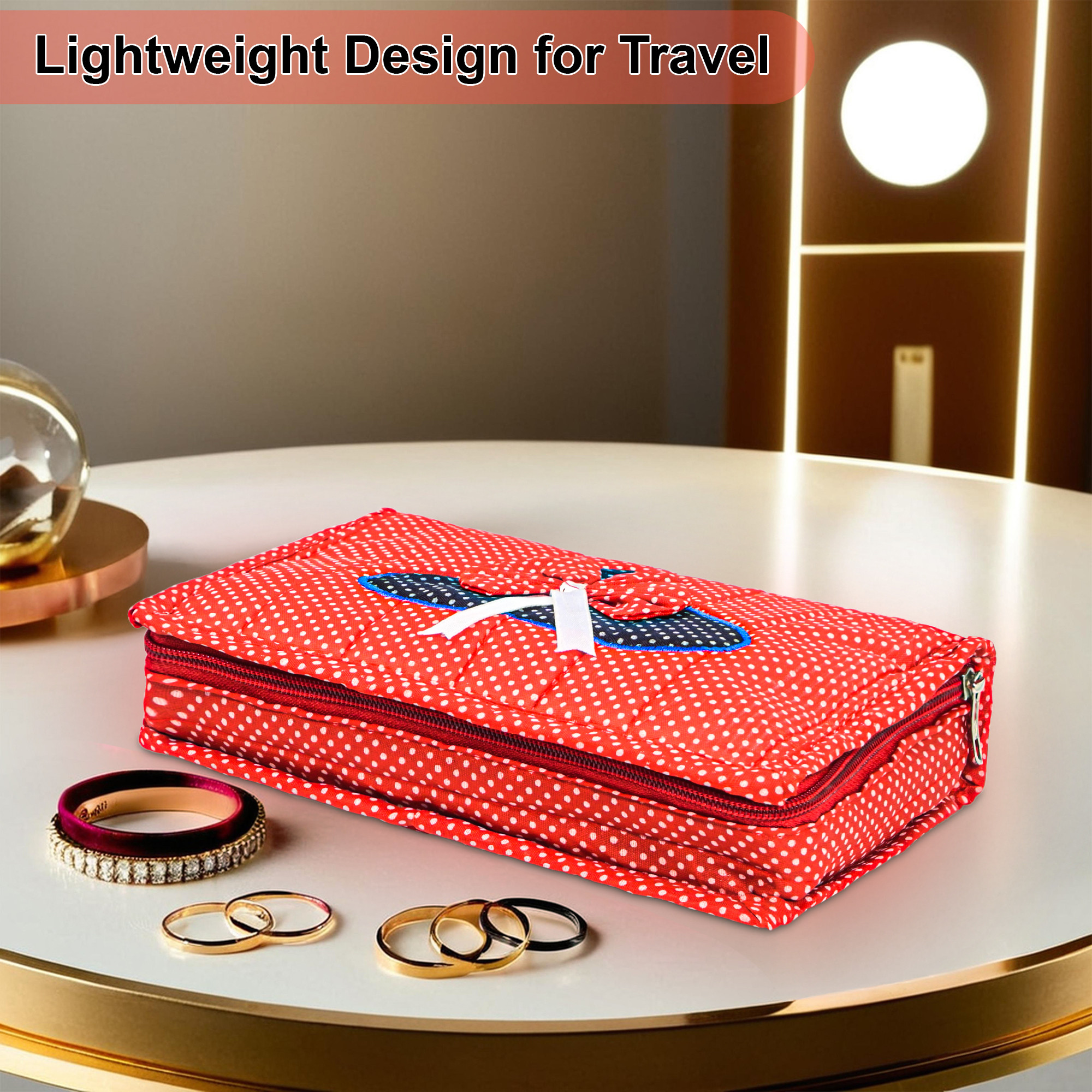 Kuber Industries Cotton Large Jewellery Pouches for Storage with 6 Compartments  Lightweight Jewellery Kit  Bag  Organiser for Women  Bow Dot Print - Red