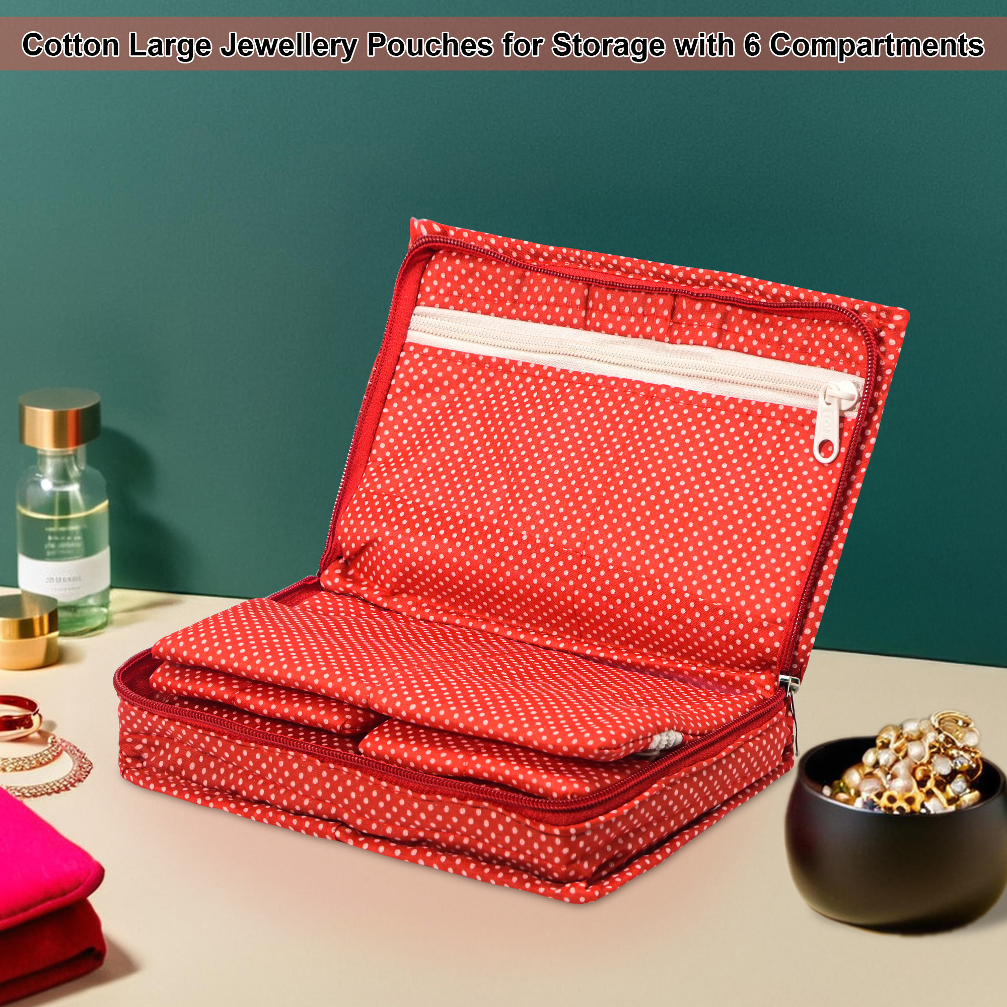 Kuber Industries Cotton Large Jewellery Pouches for Storage with 6 Compartments  Lightweight Jewellery Kit  Bag  Organiser for Women  Bow Dot Print - Red