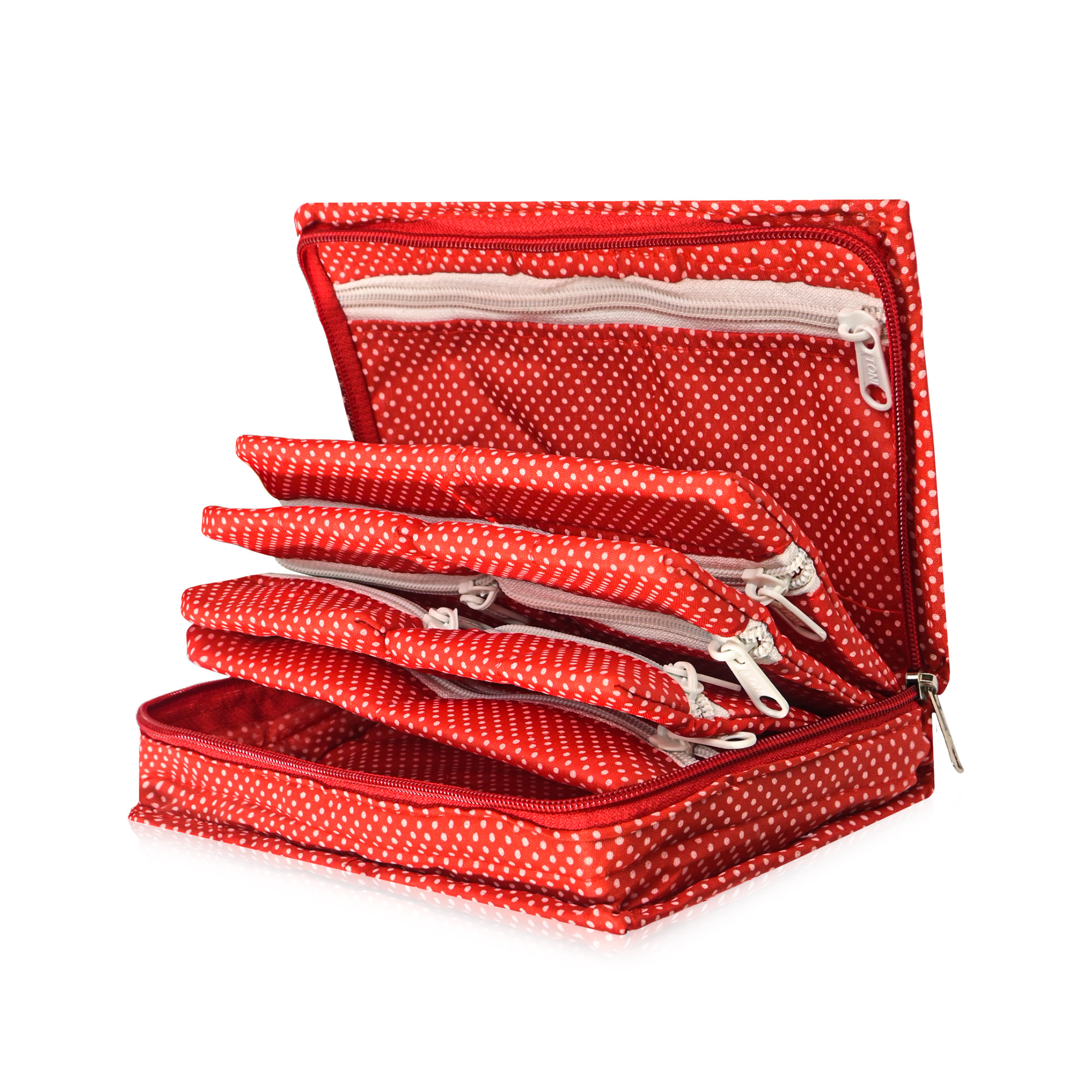 Kuber Industries Cotton Large Jewellery Pouches for Storage with 6 Compartments  Lightweight Jewellery Kit  Bag  Organiser for Women  Bow Dot Print - Red