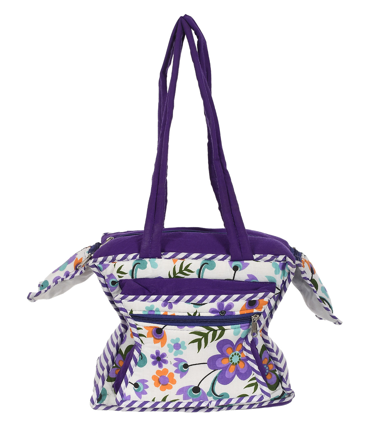 Kuber Industries Cotton Multiuses Floral Print Mothers Bag/Diapers Bags With Handle For Traveling & Storing (Purple)