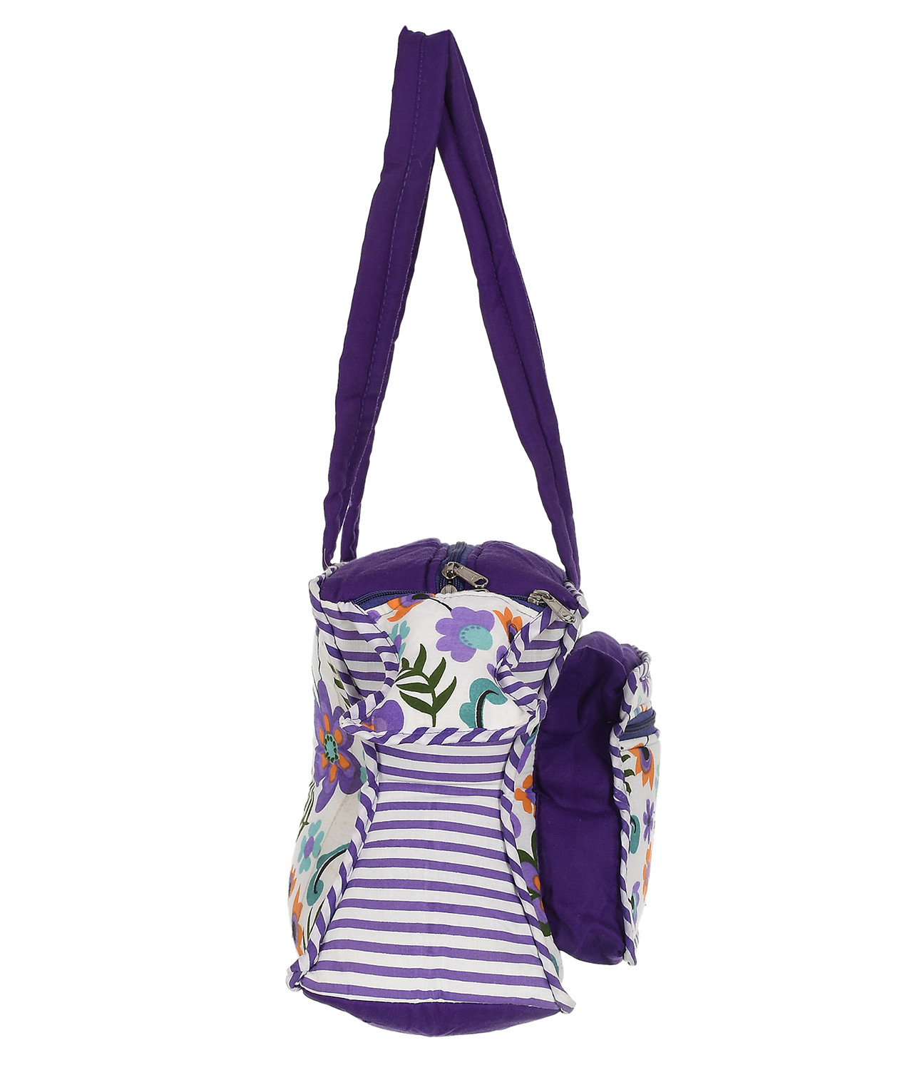 Kuber Industries Cotton Multiuses Floral Print Mothers Bag/Diapers Bags With Handle For Traveling & Storing (Purple)