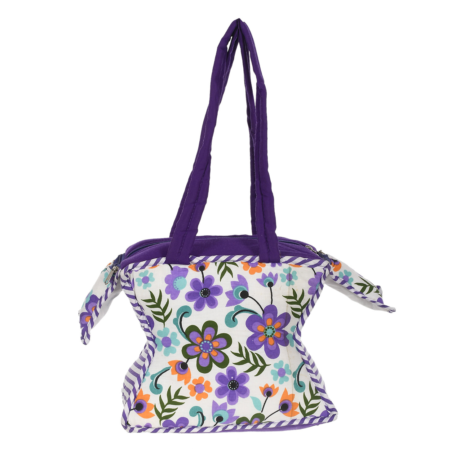 Kuber Industries Cotton Multiuses Floral Print Mothers Bag/Diapers Bags With Handle For Traveling & Storing (Purple)