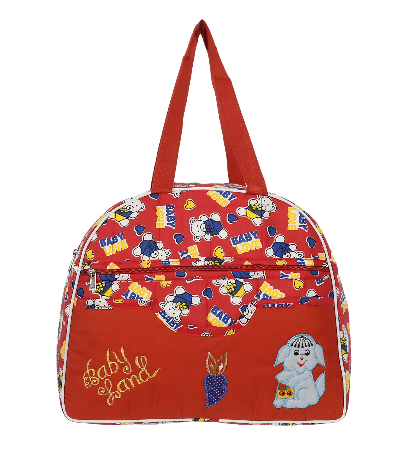 Kuber Industries Cotton Multiuses Teddy Print Mothers Bag/Diapers Bags With Handle For Traveling & Storing (Red)