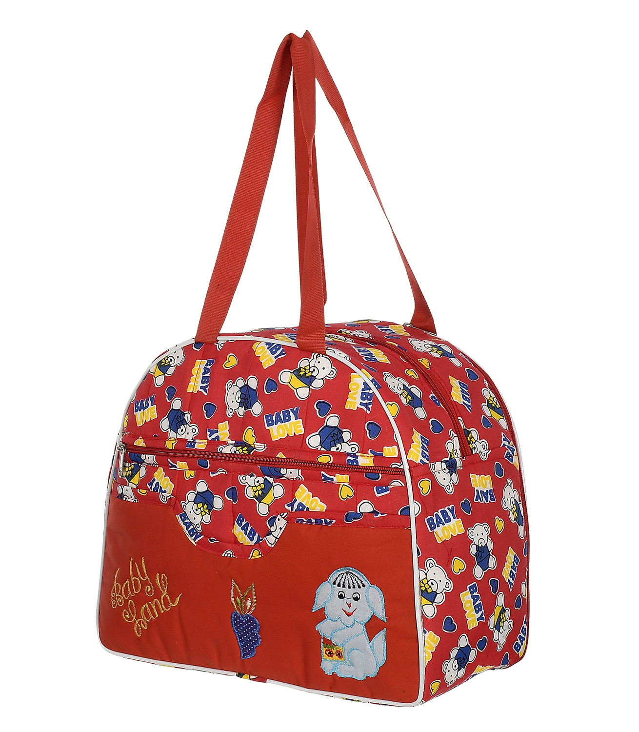 Kuber Industries Cotton Multiuses Teddy Print Mothers Bag/Diapers Bags With Handle For Traveling & Storing (Red)