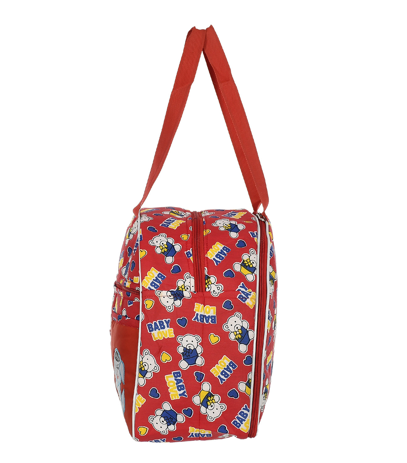 Kuber Industries Cotton Multiuses Teddy Print Mothers Bag/Diapers Bags With Handle For Traveling & Storing (Red)