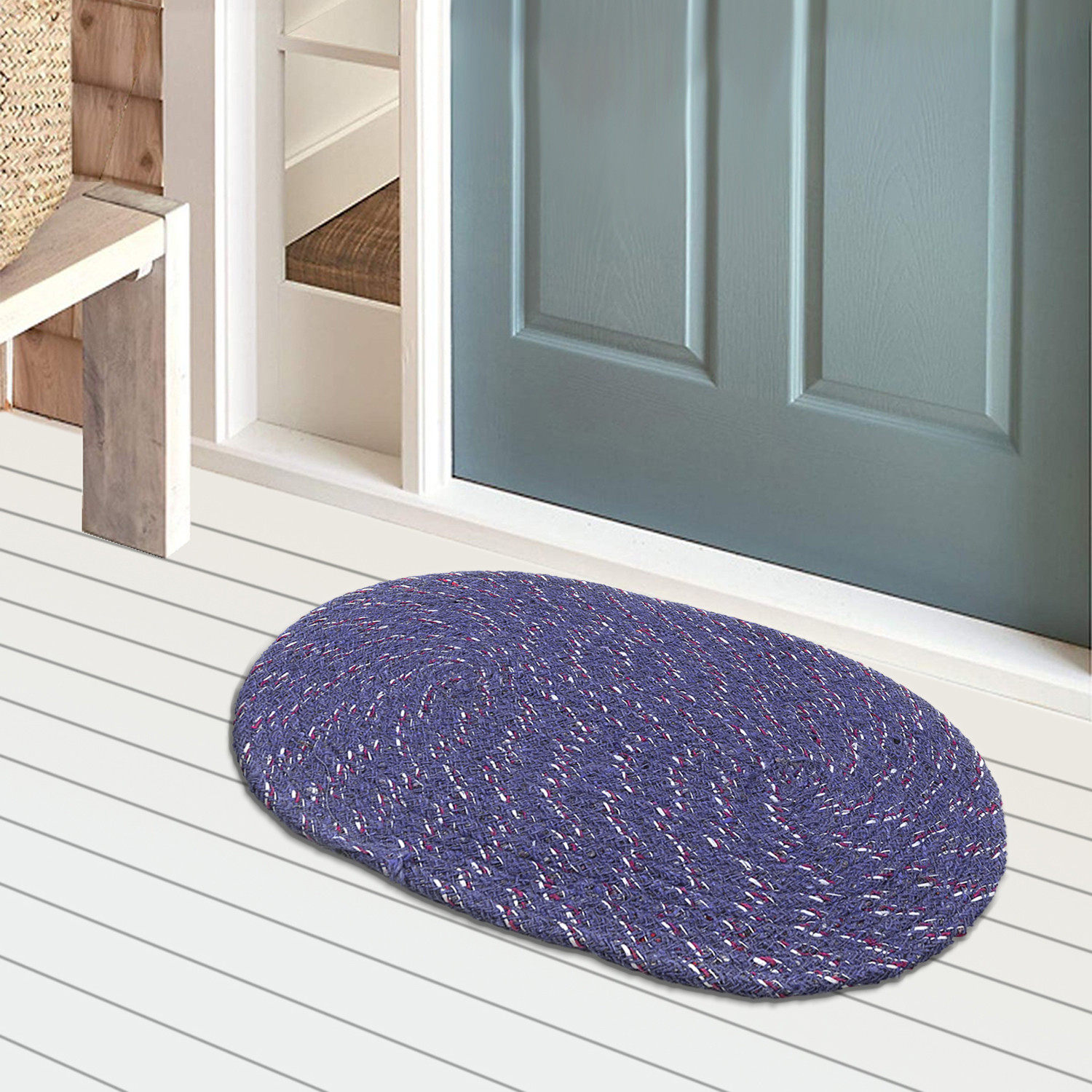 Kuber Industries Cotton Oval Door Mat For PorchKitchenBathroomLaundry RoomBlue 54KM3956