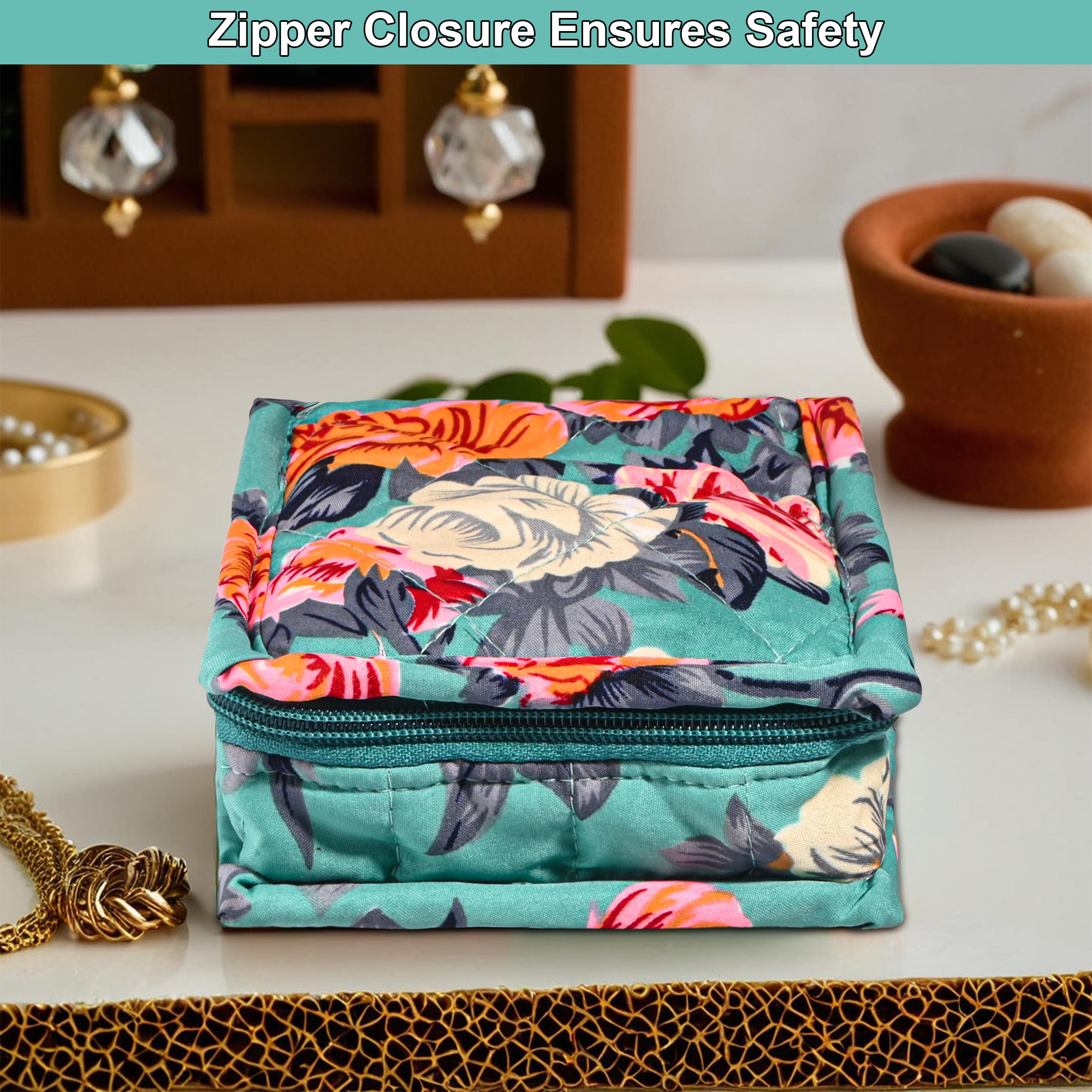Kuber Industries Cotton Small Jewellery Organisers Pouch for Women with 5 Compartments  Compact and Lightweight Jewellery Kit for Necklaces  Rings  Flower Print - Green