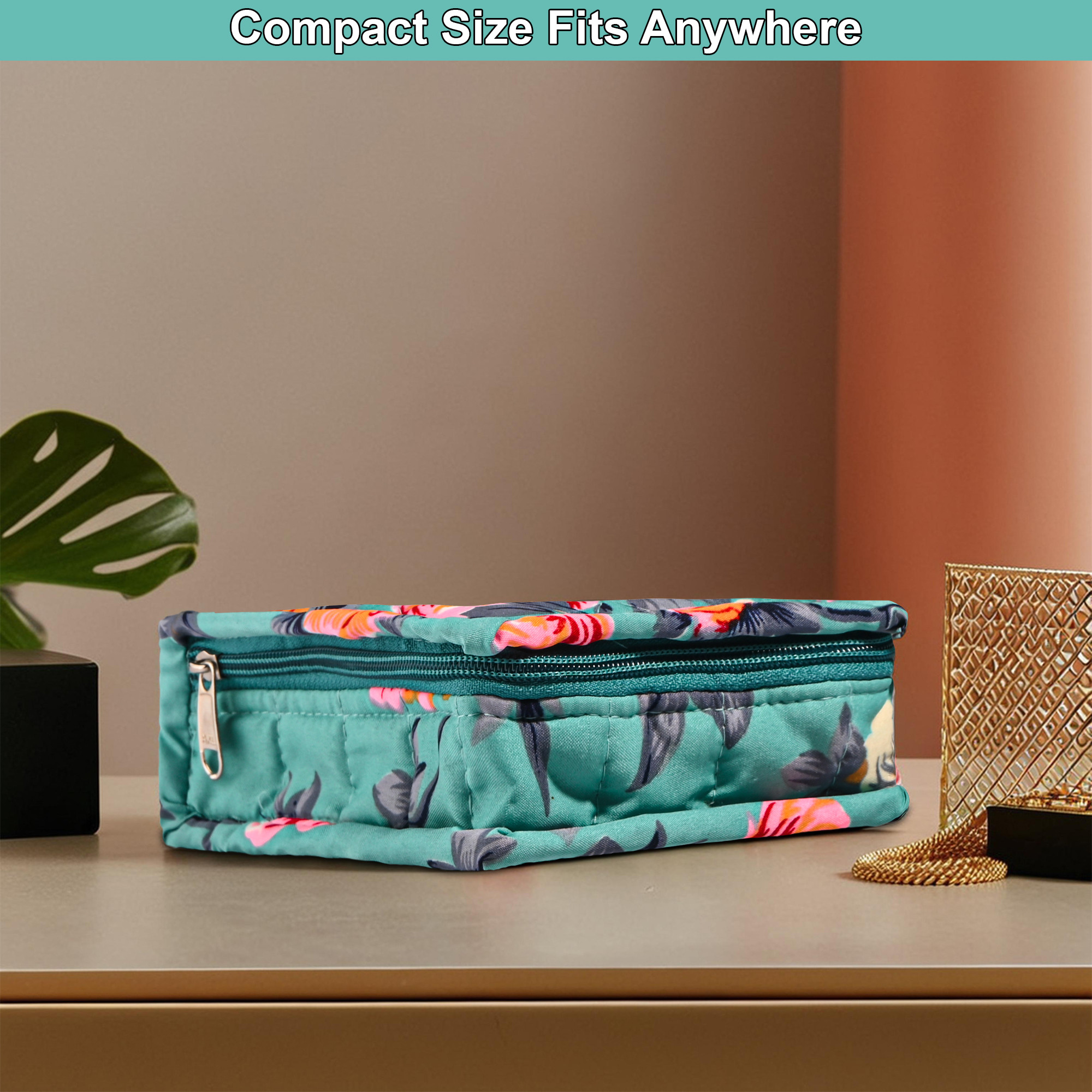 Kuber Industries Cotton Small Jewellery Organisers Pouch for Women with 5 Compartments  Compact and Lightweight Jewellery Kit for Necklaces  Rings  Flower Print - Green