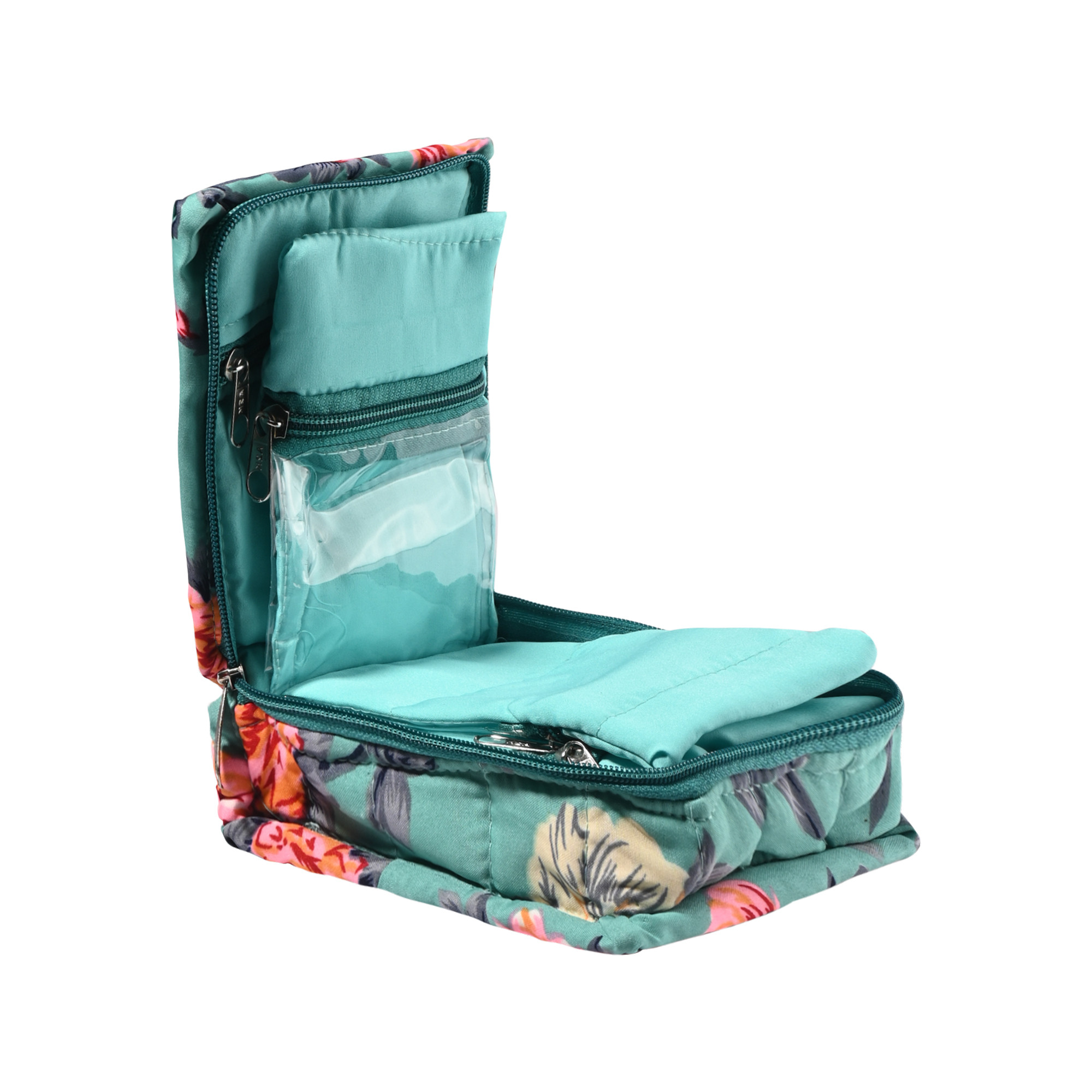 Kuber Industries Cotton Small Jewellery Organisers Pouch for Women with 5 Compartments  Compact and Lightweight Jewellery Kit for Necklaces  Rings  Flower Print - Green
