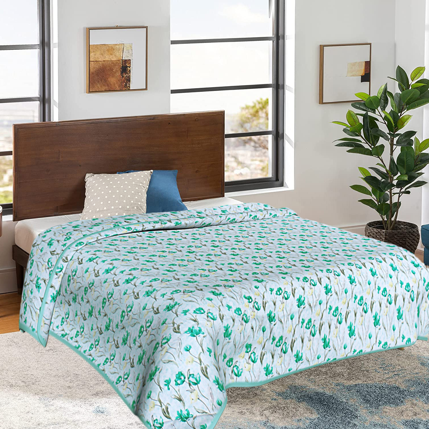 Kuber Industries Cotton Soft Lightweight Floral Design Reversible Single Bed Dohar | Blanket | AC Quilt for Home & Travel (Green)