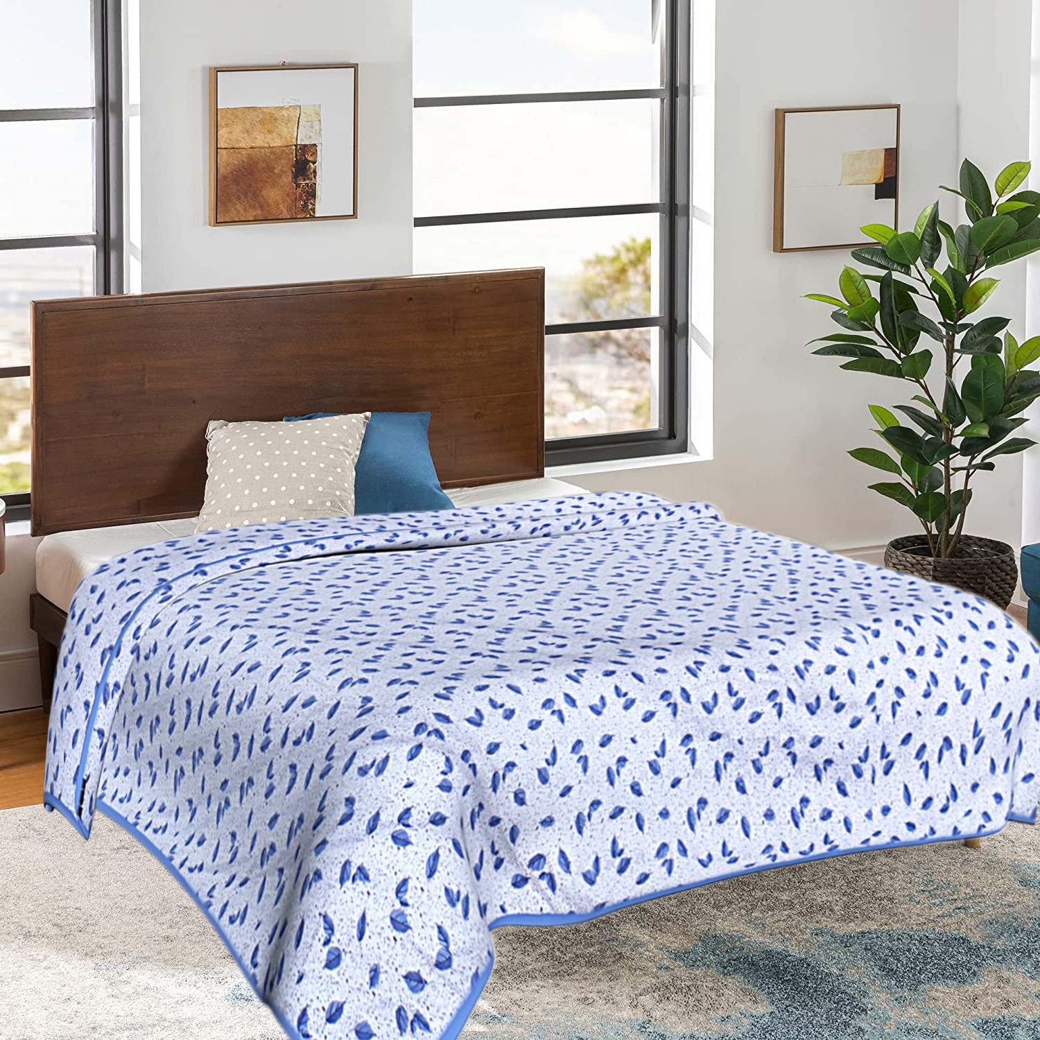 Kuber Industries Cotton Soft Lightweight Leaf Design Reversible Single Bed Dohar | Blanket | AC Quilt for Home & Travel (White)