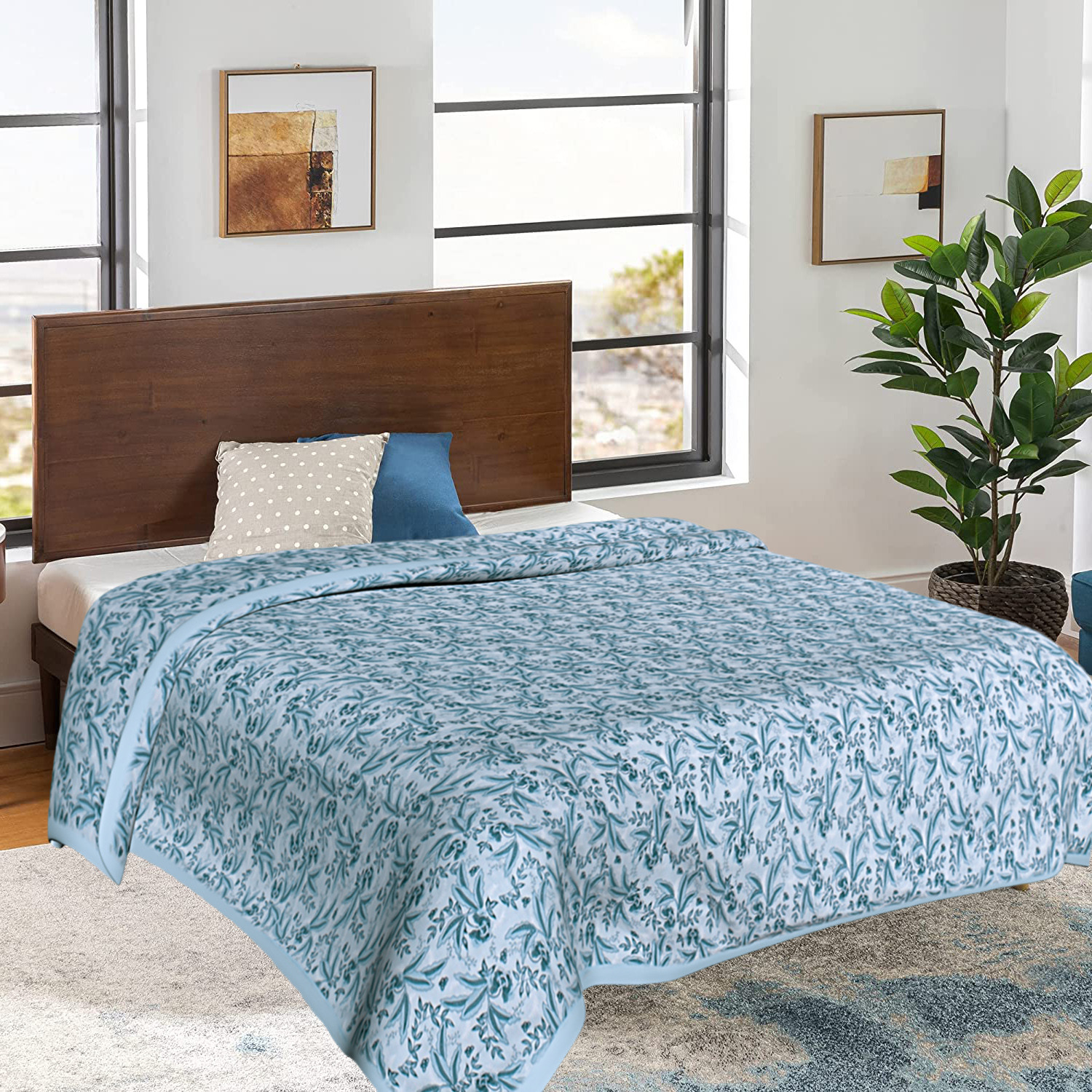 Kuber Industries Cotton Soft Lightweight Tropical Plant Design Reversible Single Bed Dohar | Blanket | AC Quilt for Home & Travel (Sky Blue)