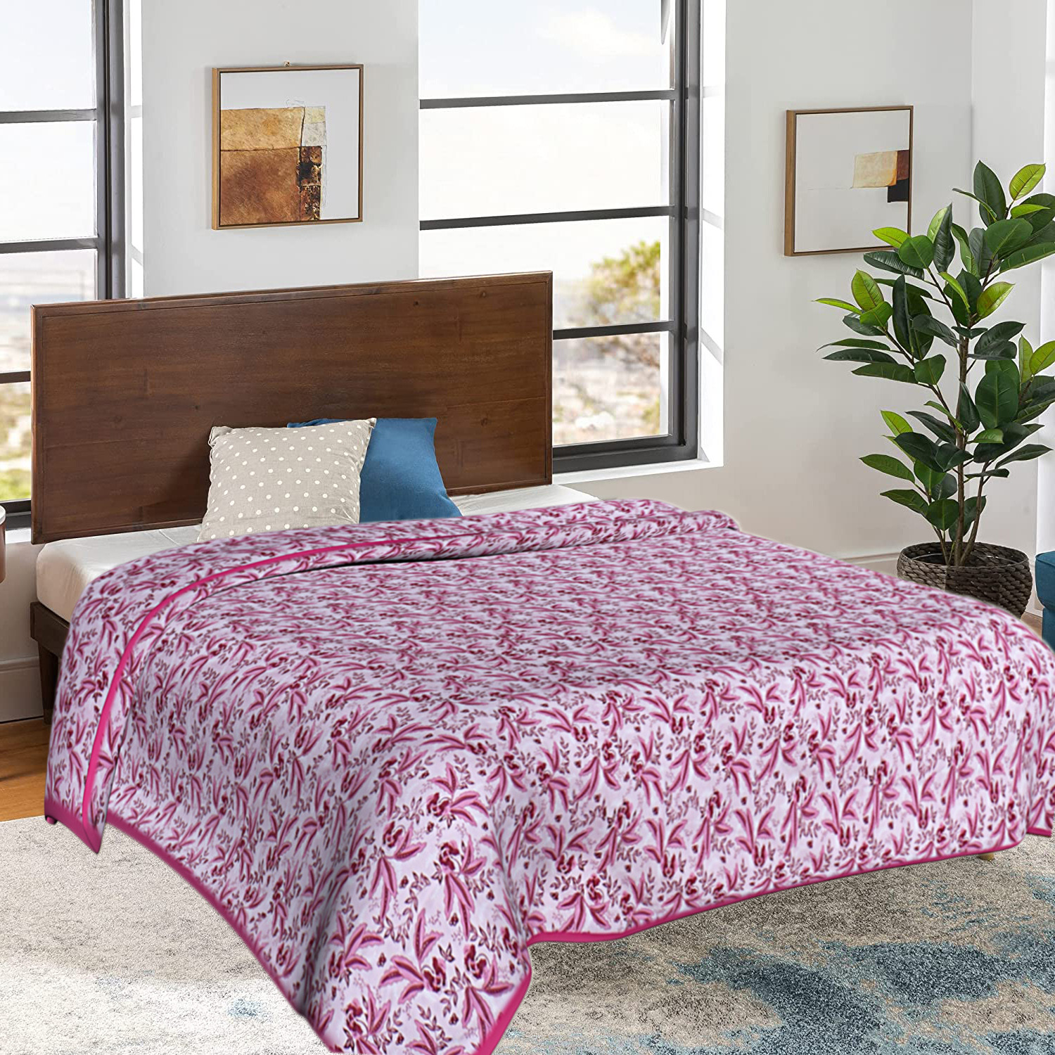 Kuber Industries Cotton Soft Lightweight Tropical Plant Design Reversible Single Bed Dohar | Blanket | AC Quilt for Home & Travel (Pink)
