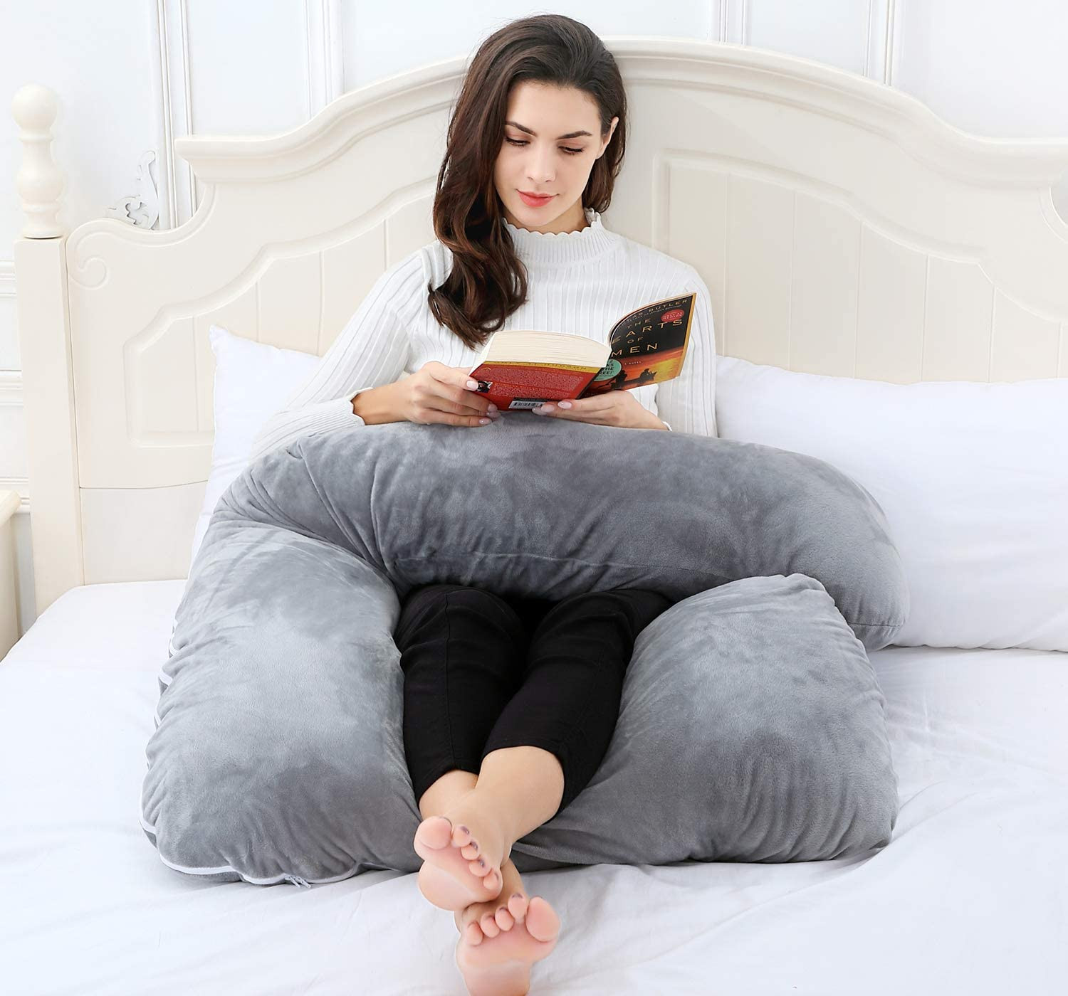 Kuber Industries Cotton Ultra Soft Hollow Fibre L Shaped Maternity Pillow,Pregnancy Pillow,Body Pillow with Zippered Cover (Grey)-KUBMRT11431