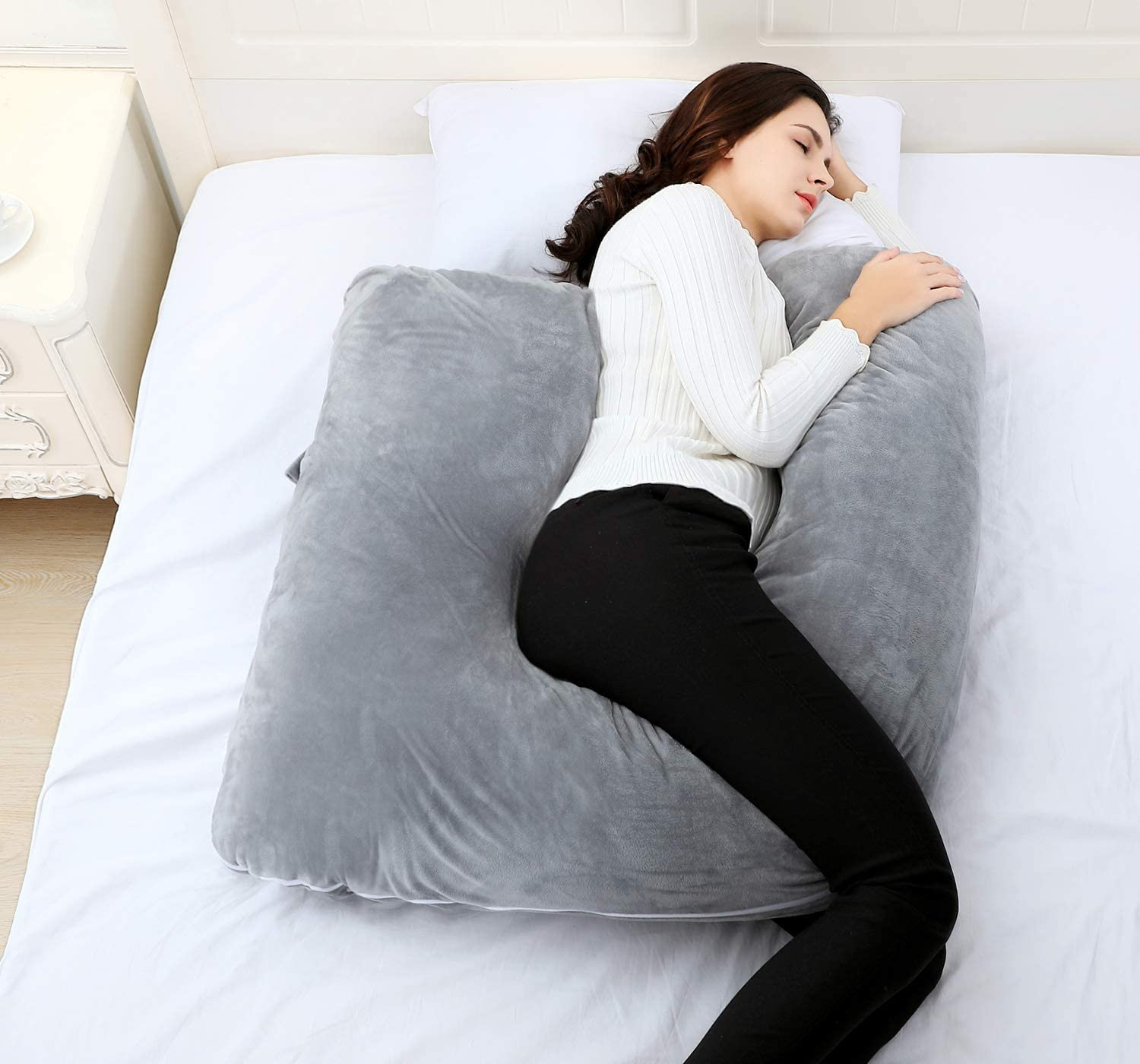 Kuber Industries Cotton Ultra Soft Hollow Fibre L Shaped Maternity Pillow,Pregnancy Pillow,Body Pillow with Zippered Cover (Grey)-KUBMRT11431