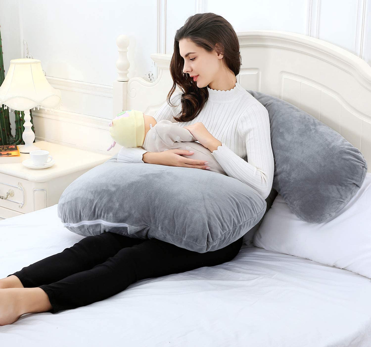 Kuber Industries Cotton Ultra Soft Hollow Fibre L Shaped Maternity Pillow,Pregnancy Pillow,Body Pillow with Zippered Cover (Grey)-KUBMRT11431