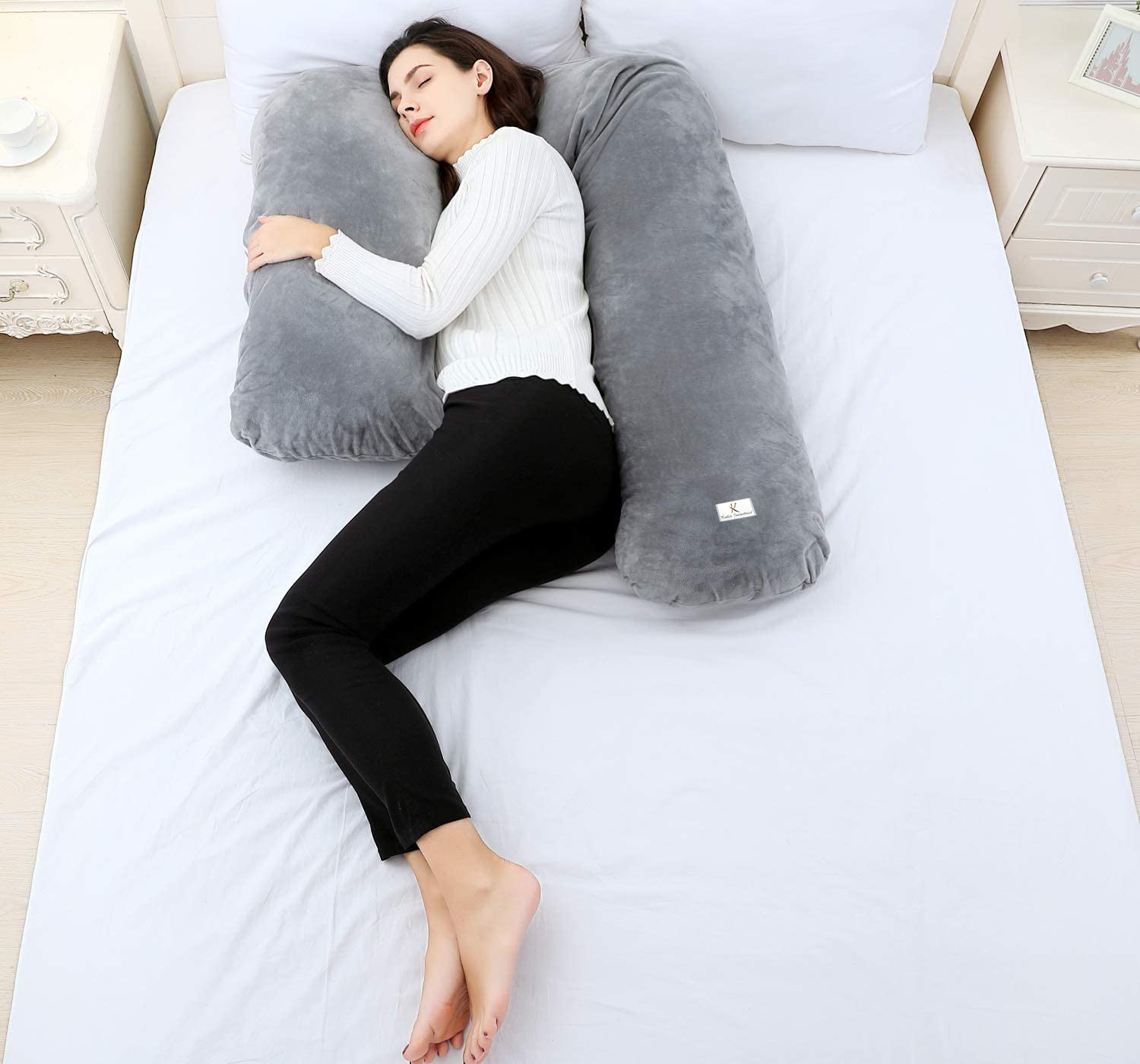 Kuber Industries Cotton Ultra Soft Hollow Fibre L Shaped Maternity Pillow,Pregnancy Pillow,Body Pillow with Zippered Cover (Grey)-KUBMRT11431