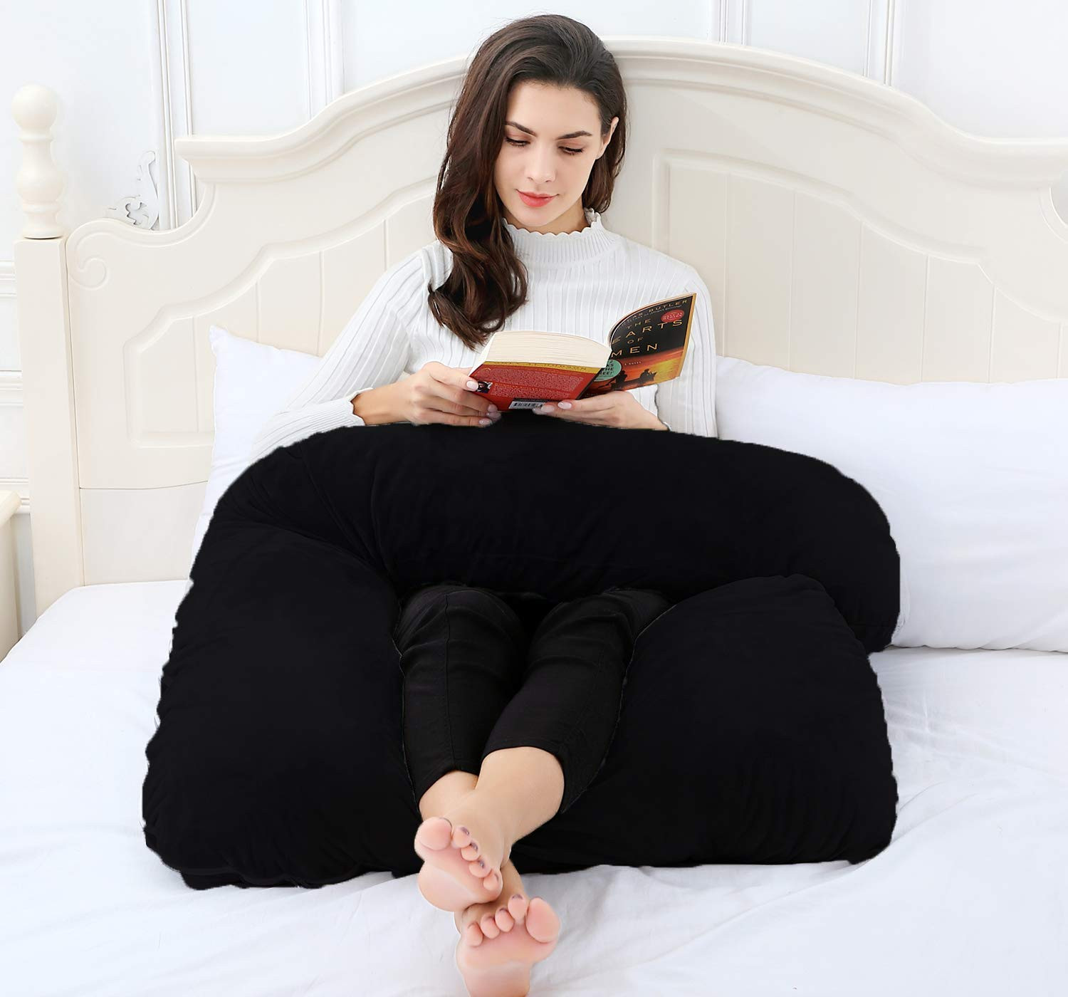 Kuber Industries Cotton Ultra Soft Hollow Fibre L Shaped Maternity Pillow,Pregnancy Pillow,Body Pillow with Zippered Cover (Black)-KUBMRT11433