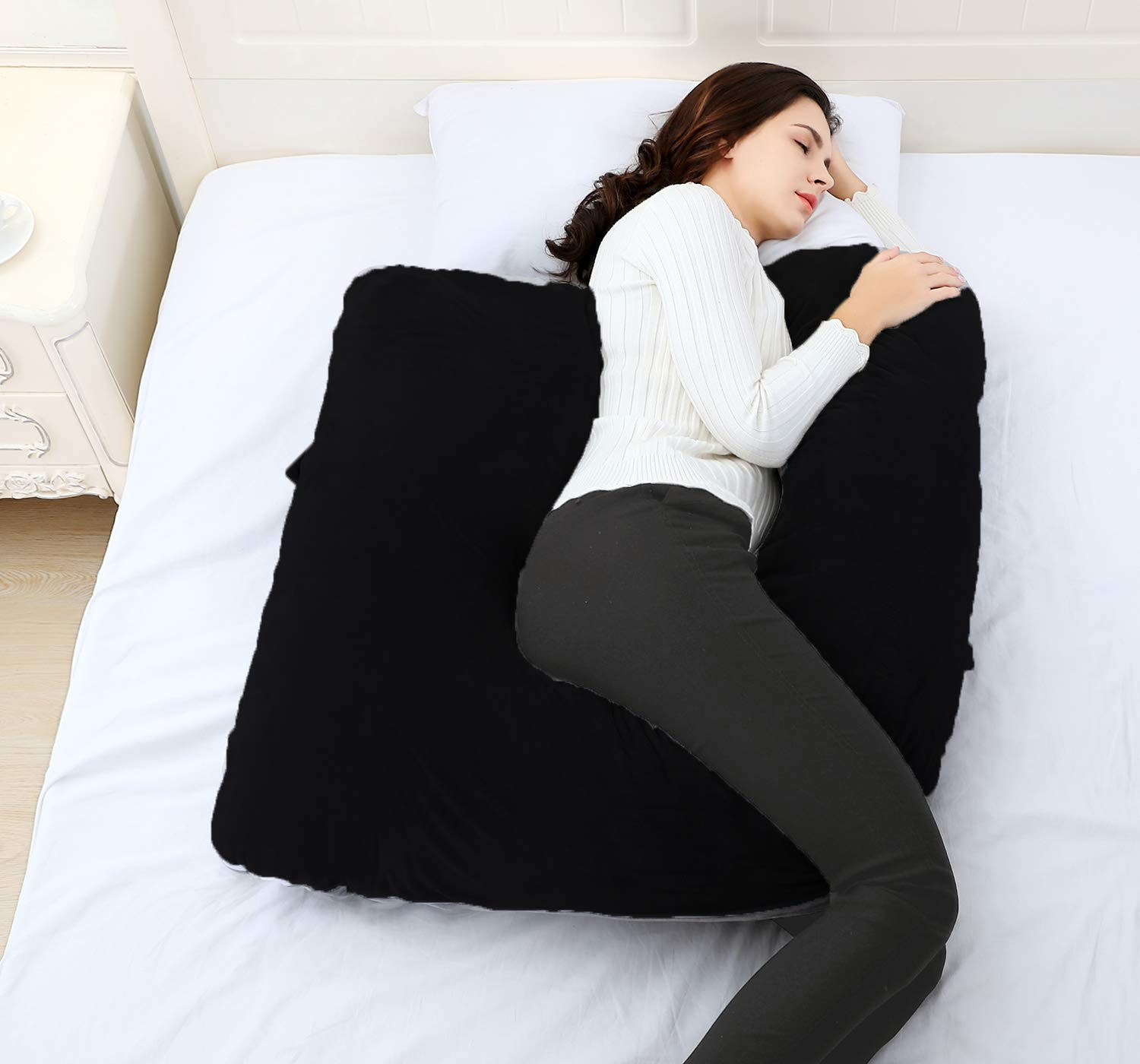 Kuber Industries Cotton Ultra Soft Hollow Fibre L Shaped Maternity Pillow,Pregnancy Pillow,Body Pillow with Zippered Cover (Black)-KUBMRT11433