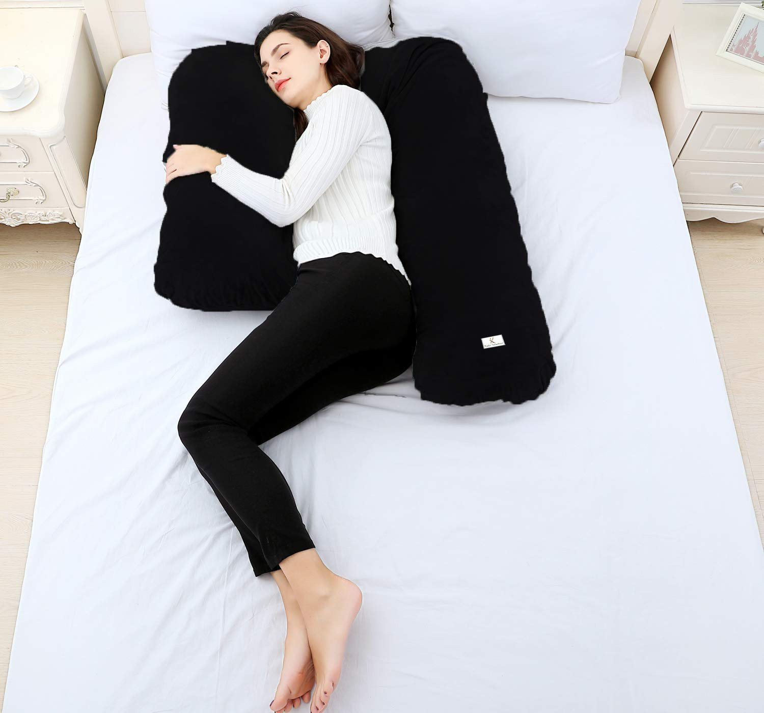Kuber Industries Cotton Ultra Soft Hollow Fibre L Shaped Maternity Pillow,Pregnancy Pillow,Body Pillow with Zippered Cover (Black)-KUBMRT11433