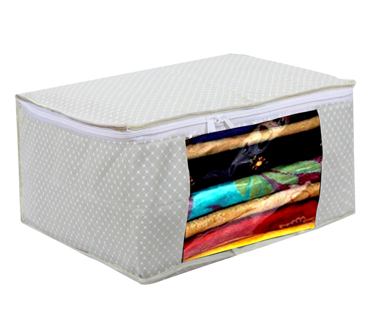Kuber Industries Cotton Water Resistant & Foldable Dot Print Saree Cover| Clothes Organizer for Home & Travel With Transparent Window,(Cream)