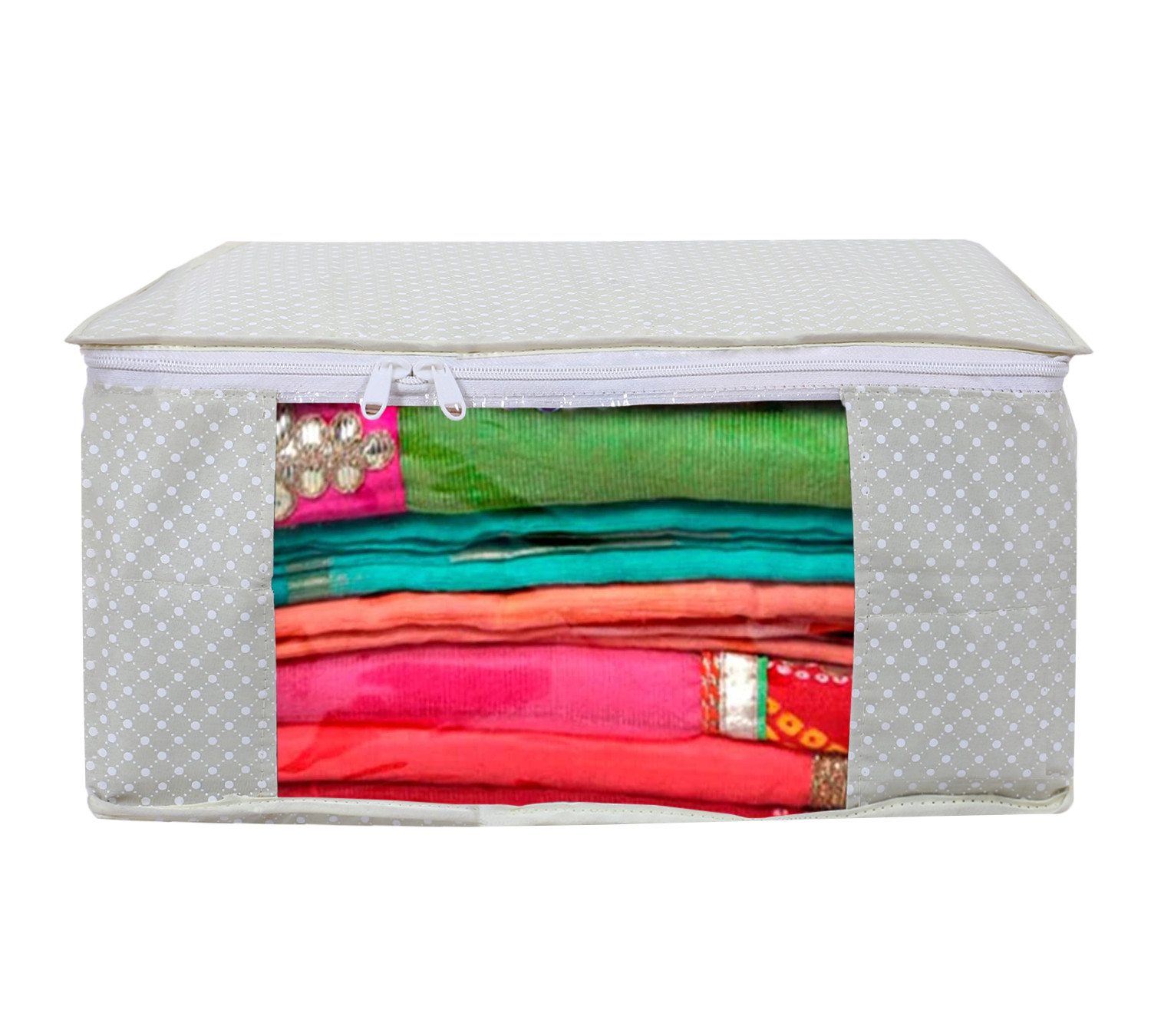 Kuber Industries Cotton Water Resistant & Foldable Dot Print Saree Cover| Clothes Organizer for Home & Travel With Transparent Window,(Cream)