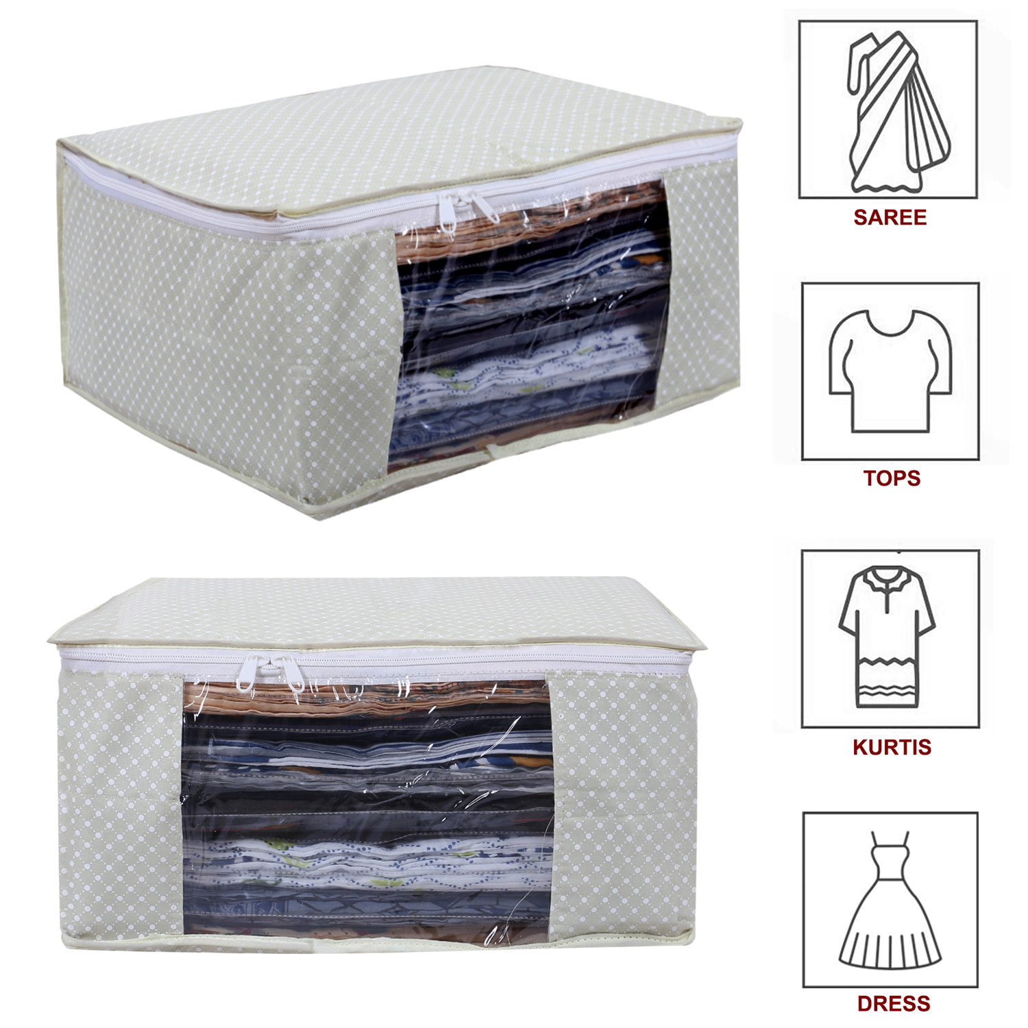 Kuber Industries Cotton Water Resistant & Foldable Dot Print Saree Cover| Clothes Organizer for Home & Travel With Transparent Window,(Cream)