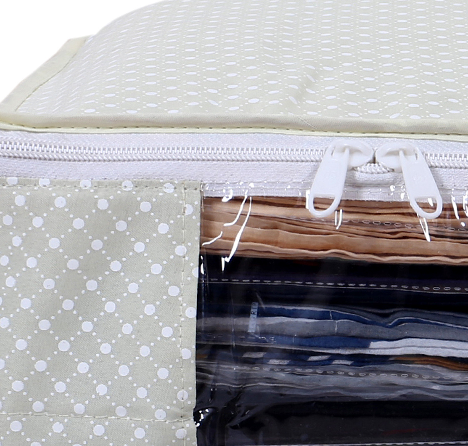 Kuber Industries Cotton Water Resistant & Foldable Dot Print Saree Cover| Clothes Organizer for Home & Travel With Transparent Window,(Cream)