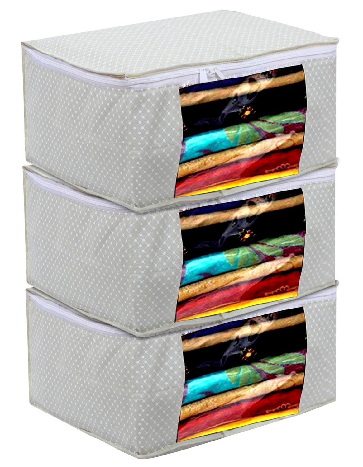 Kuber Industries Cotton Water Resistant & Foldable Dot Print Saree Cover| Clothes Organizer for Home & Travel With Transparent Window,(Cream)