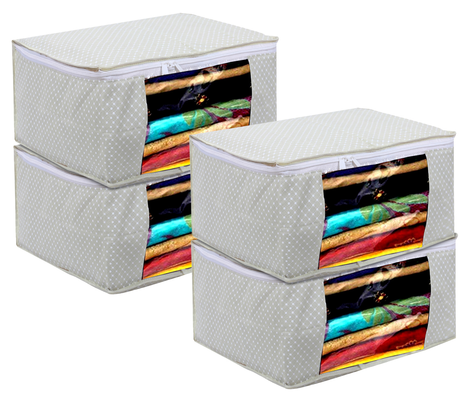 Kuber Industries Cotton Water Resistant & Foldable Dot Print Saree Cover| Clothes Organizer for Home & Travel With Transparent Window,(Cream)
