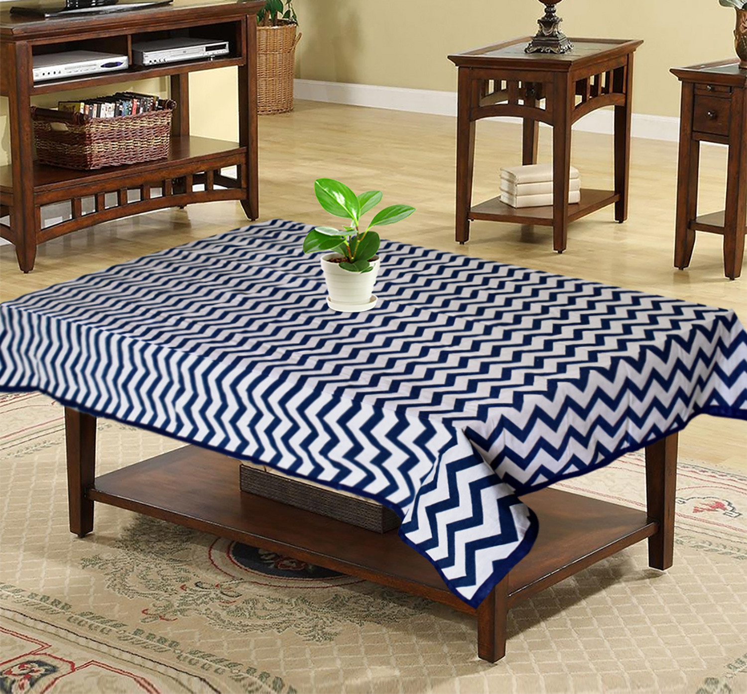 Kuber Industries Cotton Zig Zag Print 4 Seater Center Table Cover/Table Cloth For Home Decorative 60 In. x 40 In. (Blue) 54KM4378